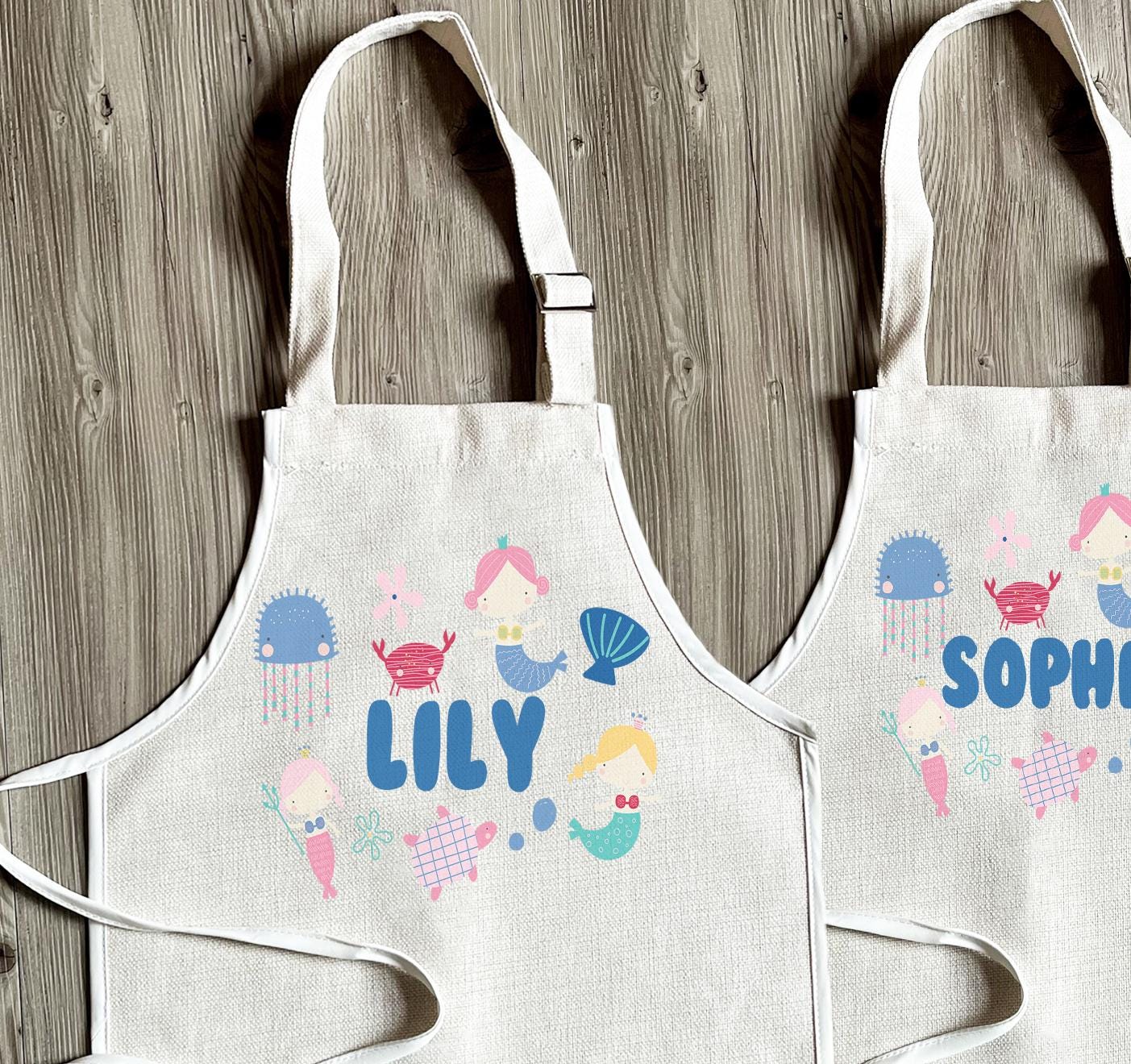 Personalised modern colour girl mermaid sea animals apron gift, Mermaid baking apron, Mermaid girls baking apron
