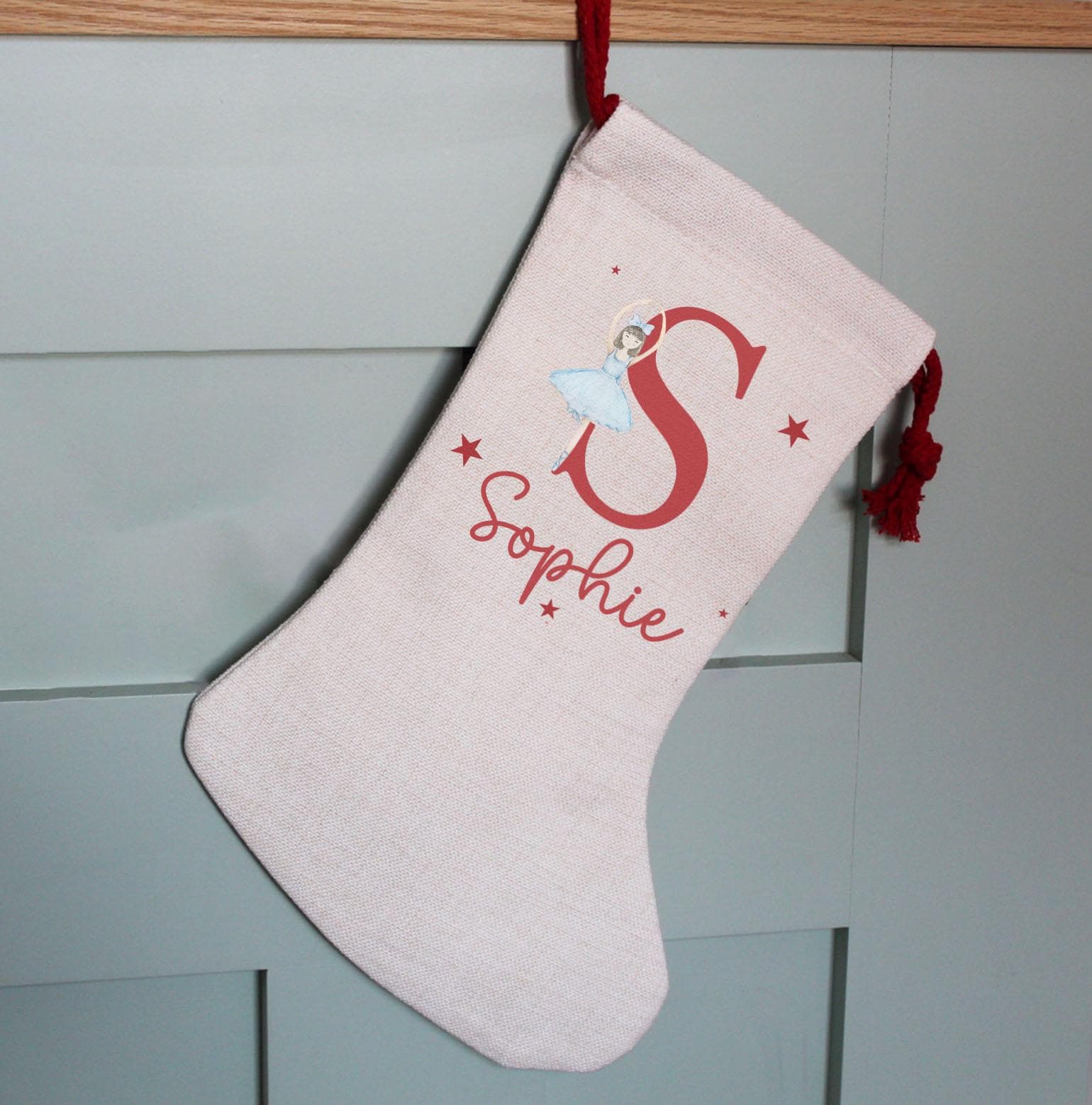 personalised sugar plum fairy stocking, Christmas stocking, sugar plum fairy, girl, boy, Christmas Eve box, first Christmas gift