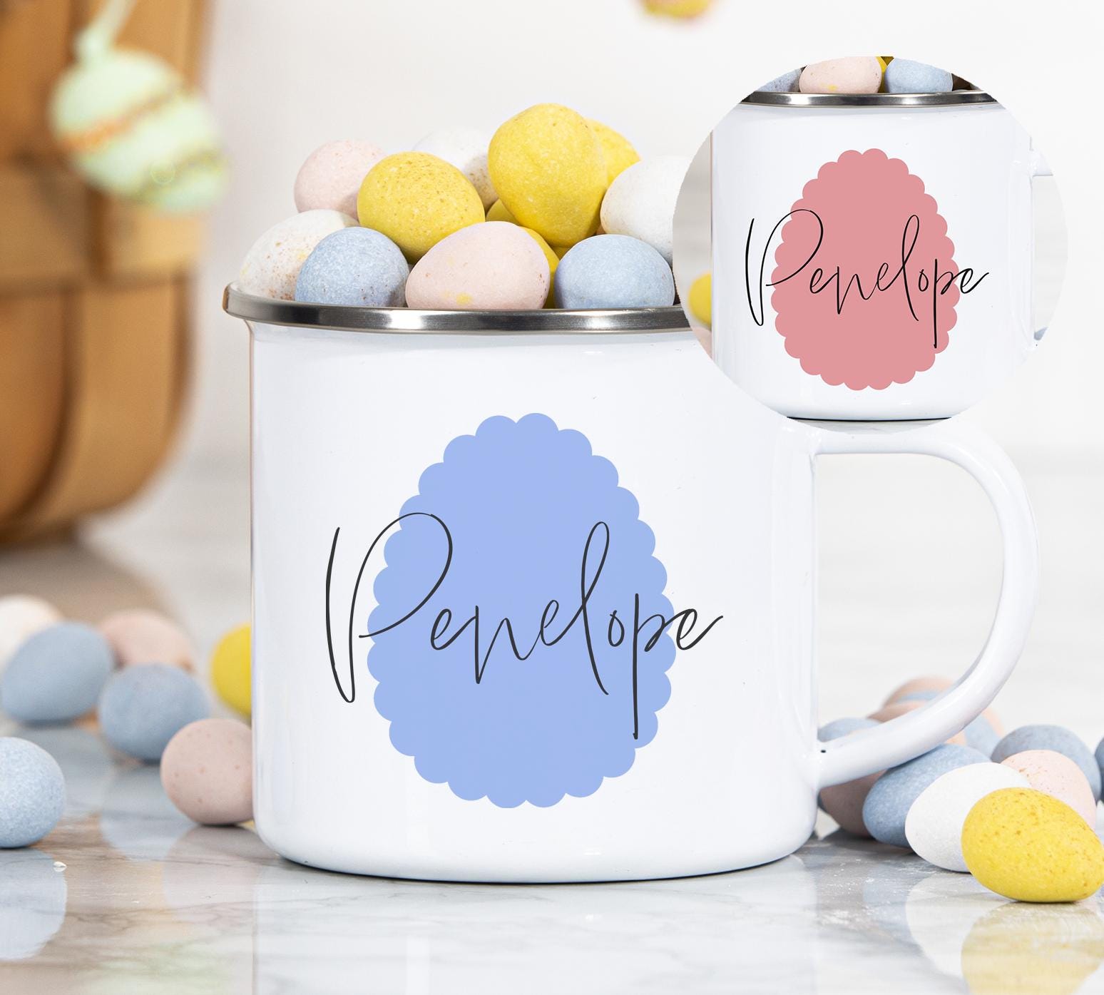 Personalised scallop bunny easter childrens enamel mug, Easter basket gifts, Easter bunny mug, Easter boys mug, Easter girls mug