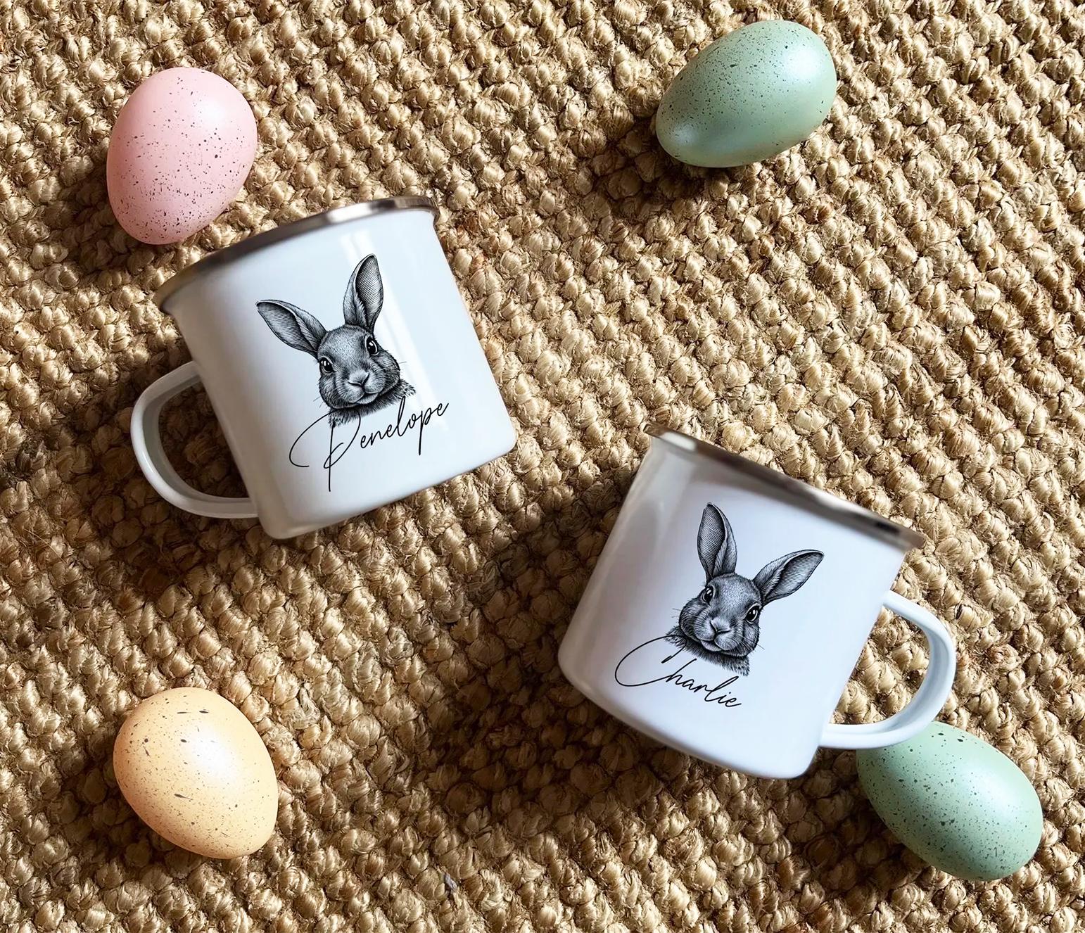 personalised easter rabbit enamel mug, easter gifts,  easter mug, easter cup, easter basket