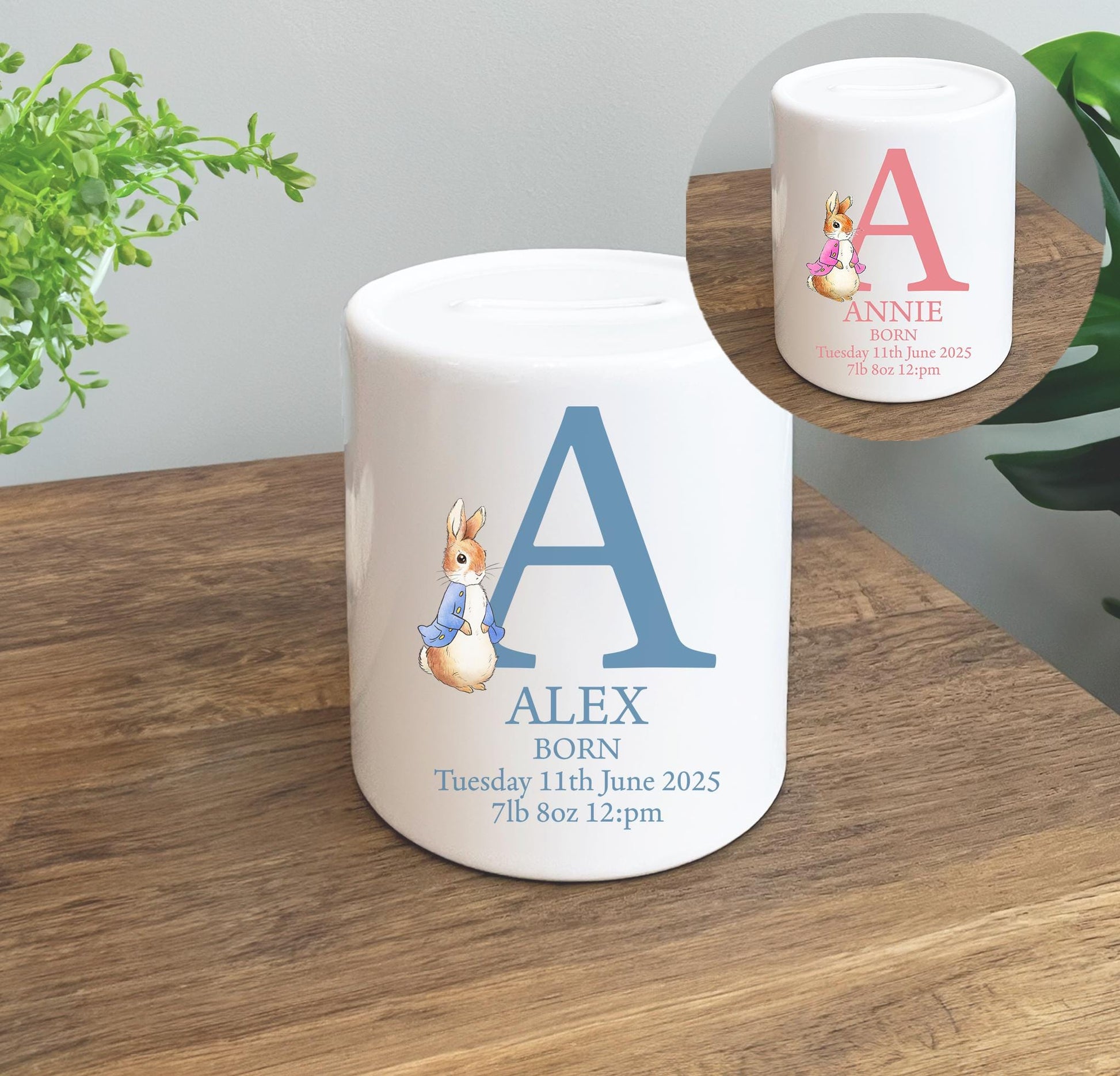 Personalised new born baby blue rabbit boy money pot gift, Personalised new born baby pink rabbit girl money pot gift,