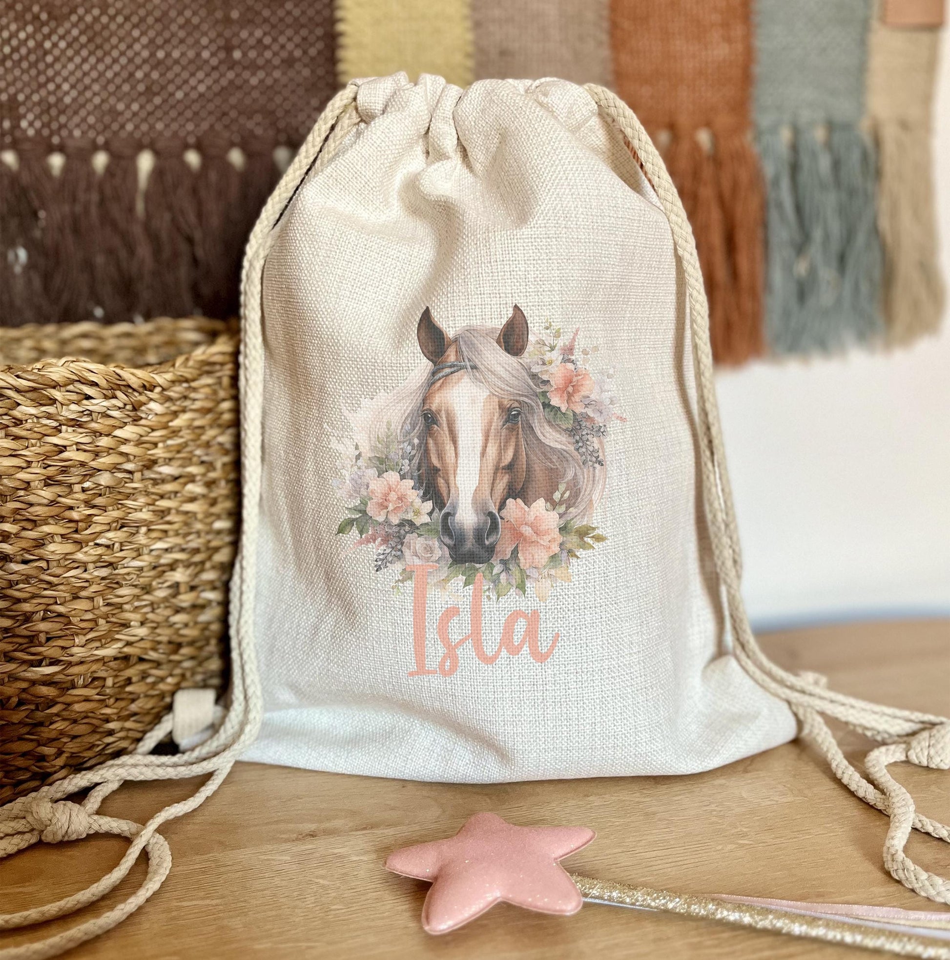 Personalised horse drawstring bag , PE bag , Personalised School bag , Childrens school bag , Personalised pony bag