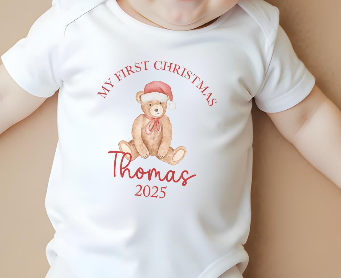 Personalised first christmas teddy bear outfit, First christmas teddy bear sleepsuit, My first christmas vest, My 1st christmas outfit