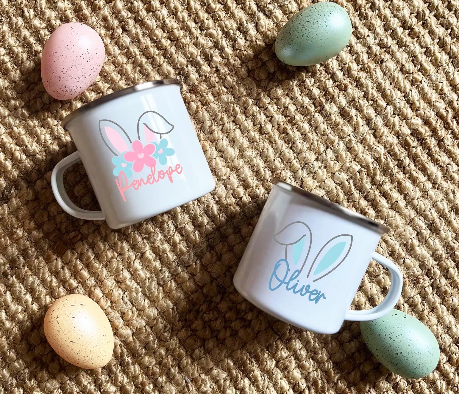 personalised easter rabbit enamel mug, easter gifts, easter mug, easter cup, easter basket, girl mug, boy mug