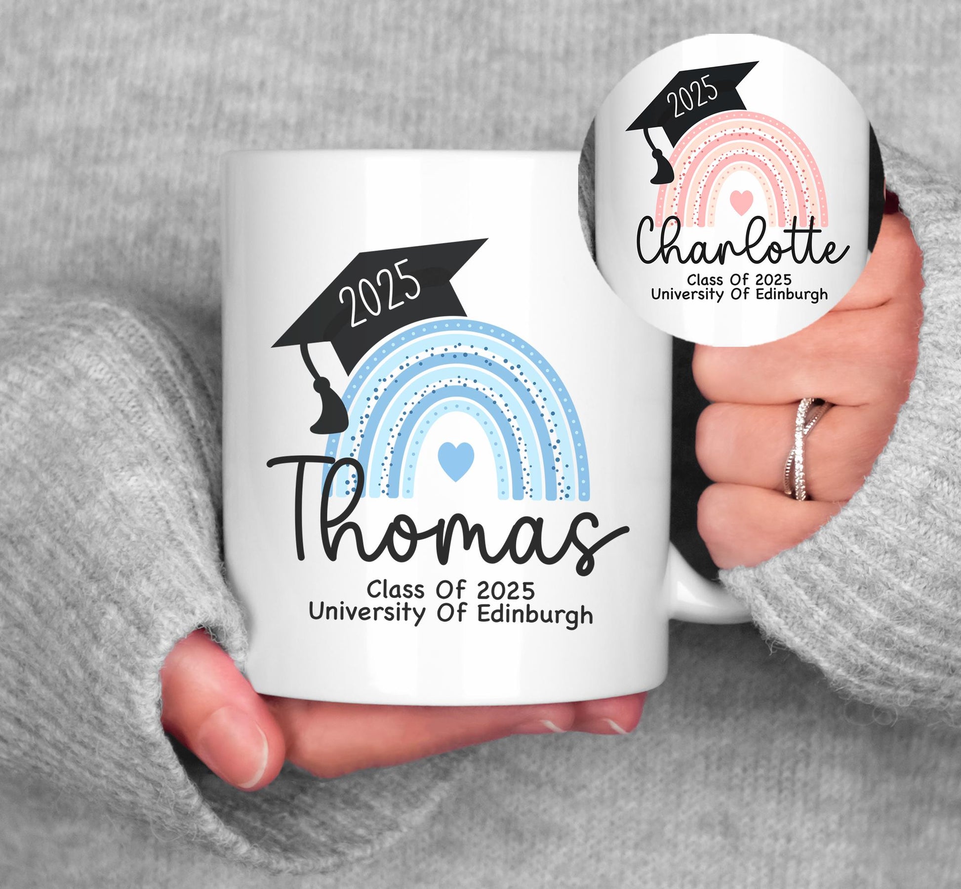 Personalised graduation rainbow ceramic mug gift, Personalised class of university mug gift, Personalised congratulations mug