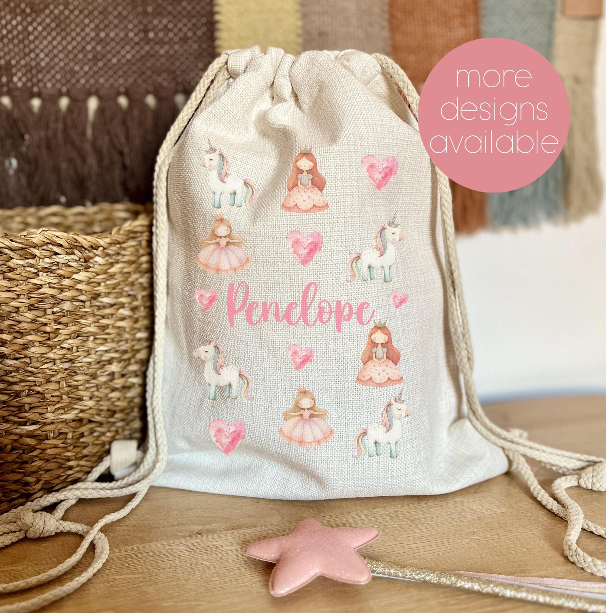 Personalised princess kids drawstring bag, Personalised unicorn drawstring bag, Personalised fairy drawstring bag, Drawstring PE bag