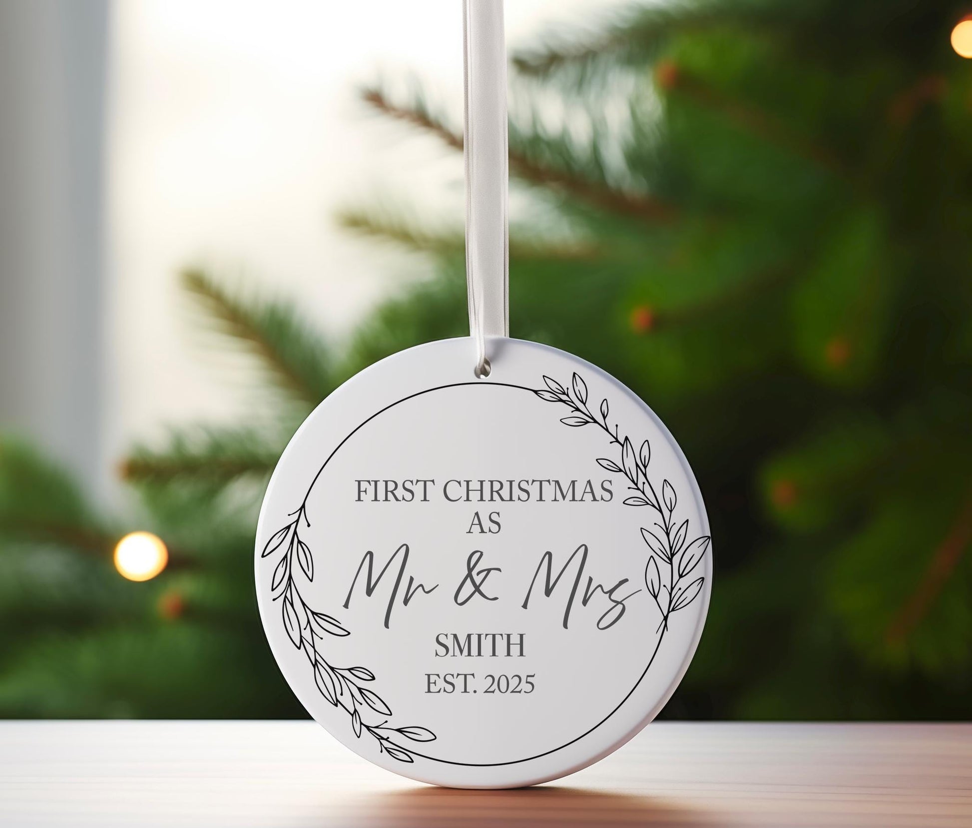 Personalised first christmas as mr and mrs wreath bauble, Newly married christmas tree bauble, Xmas mr and mrs bauble, Mr and Mrs bauble