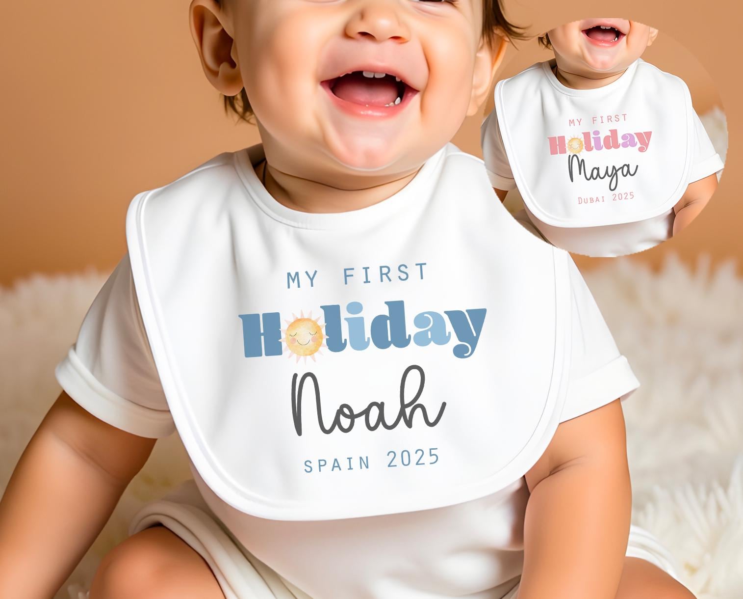 Personalised my first holiday baby bib, My first holiday dribble baby bib, 1st holiday baby clothes bib, First holiday photo prop baby bib