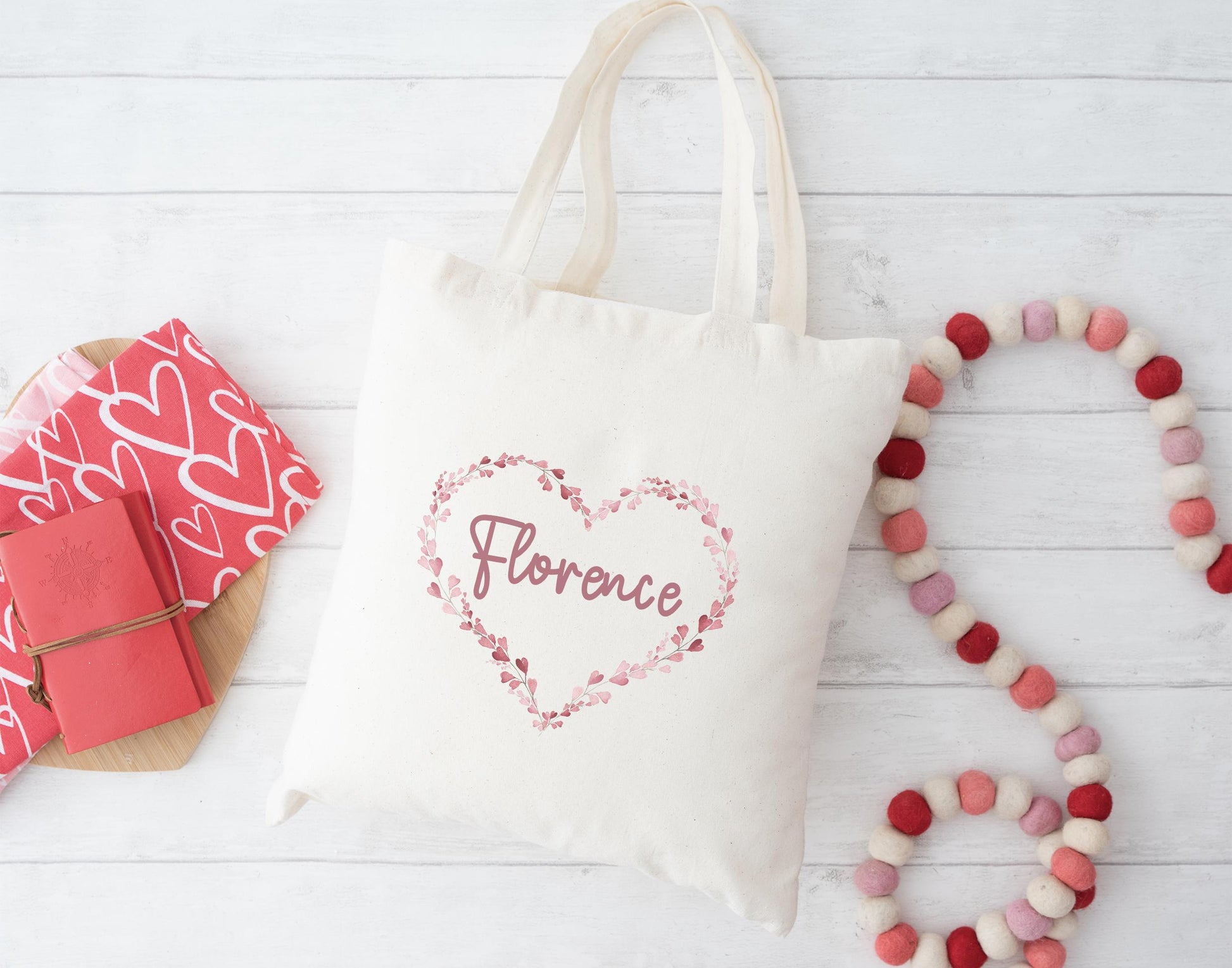Personalised valentines day heart wreath tote bag gift first valentines dayvalentines day gift him her valentines day galentines day