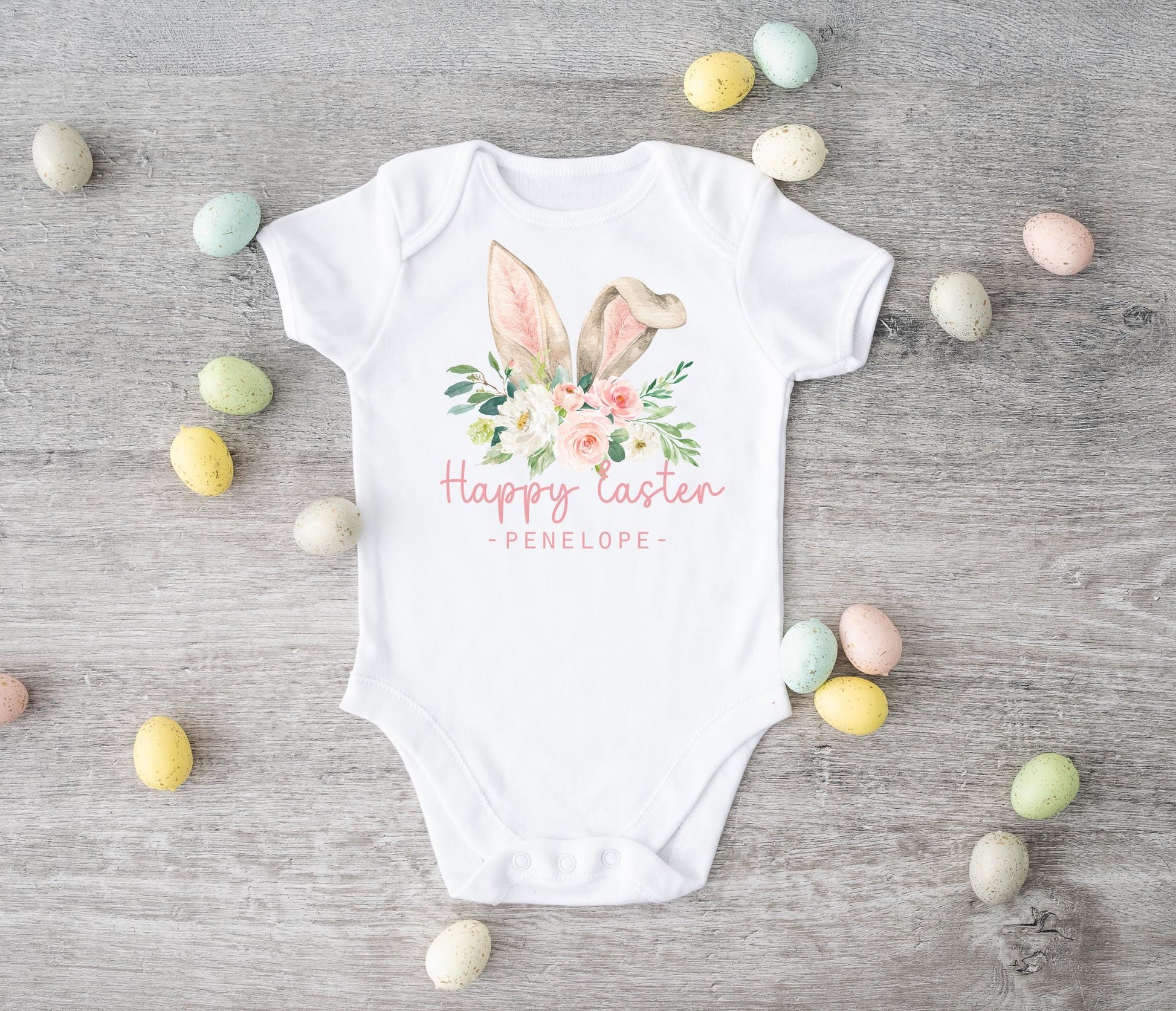 personalised floral pink bunny ears baby vest, 1st easter baby vest, First easter clothes, First easter top, My first easter top