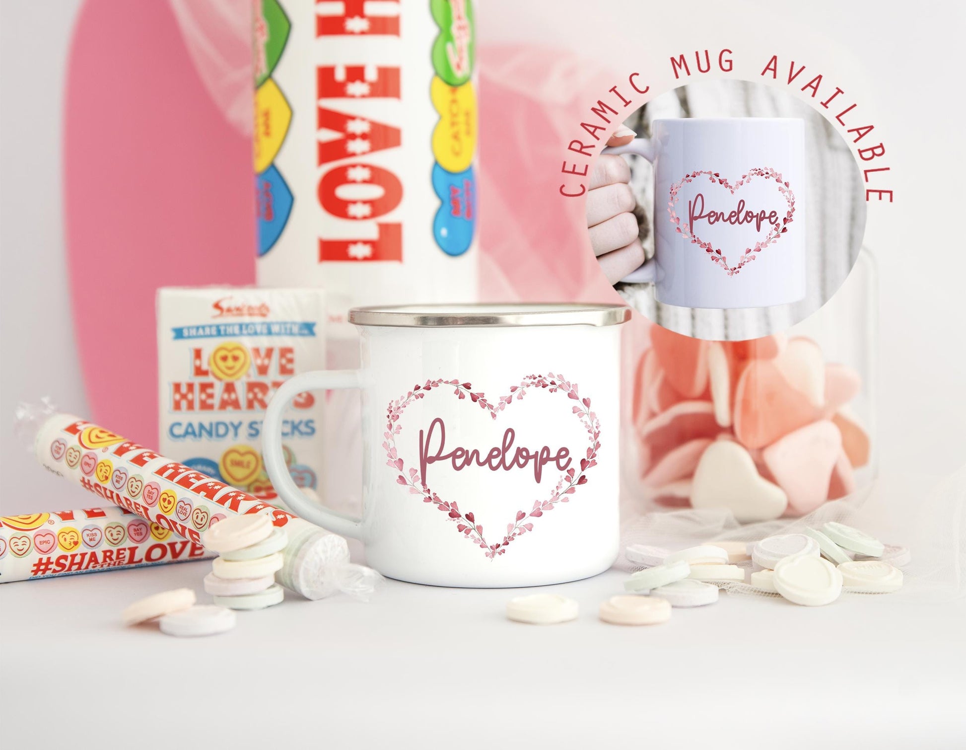 Personalised valentines day heart wreath enamel mug gift first valentines dayvalentines day gift him her valentines day galentines day