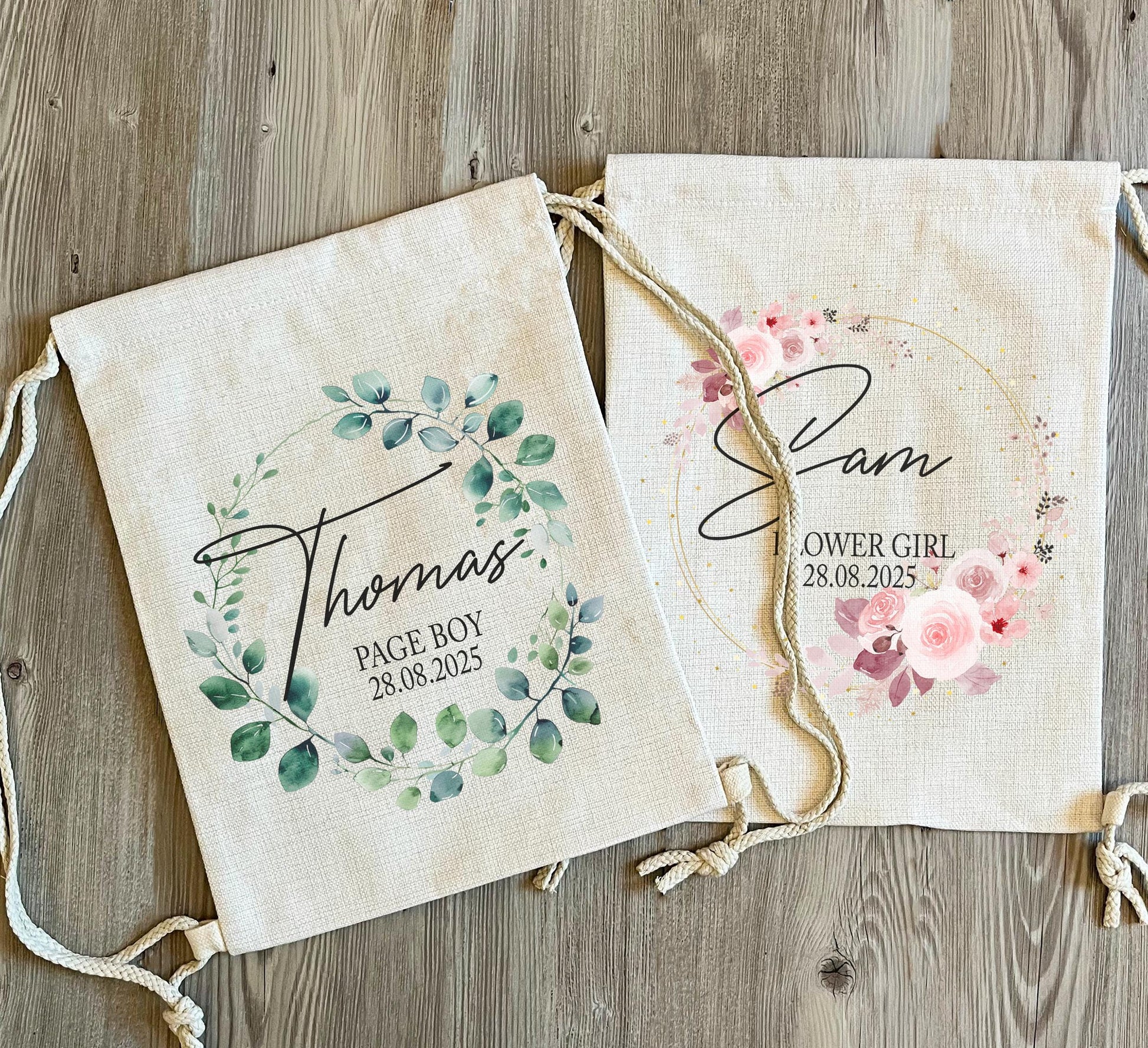 Personalised flower girl bridesmaid floral drawstring bag gift , Bridal party bag, Bridesmaid bag , Page boy gift bag