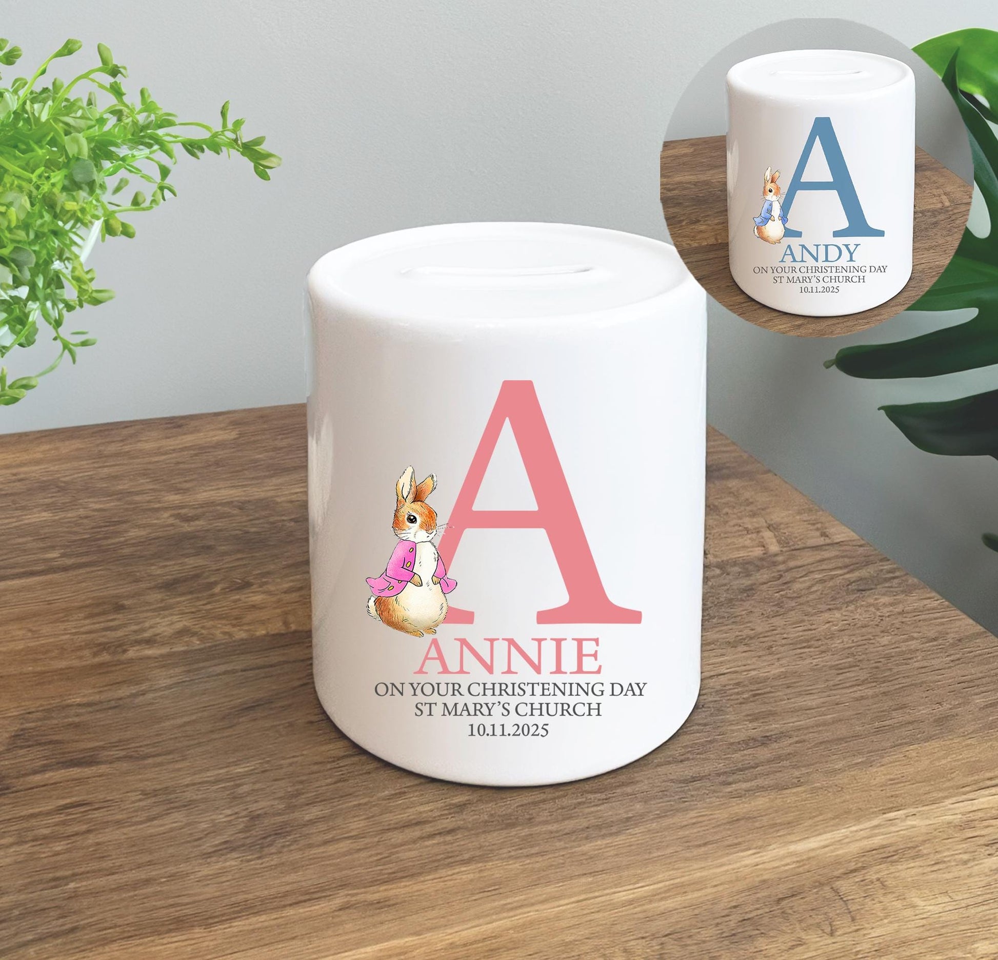 Personalised rabbit christening gift money pot, Personalised christening baby gift, Personalised baptism baby money pot