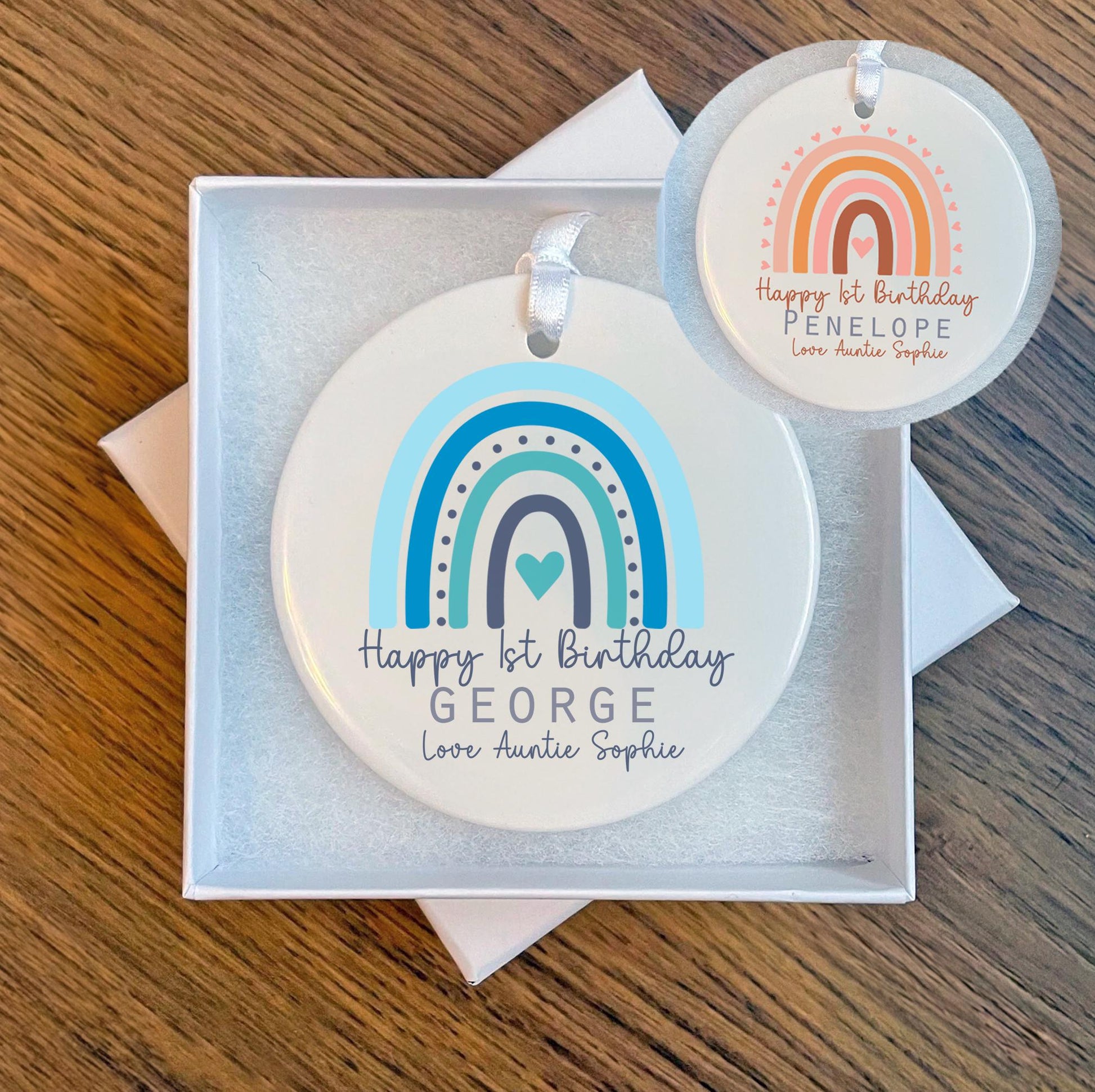 Personalised happy 1st birthday rainbow ceramic ornament, 1st birthday ceramic ornament, First birthday ornament gift, Birthday gift