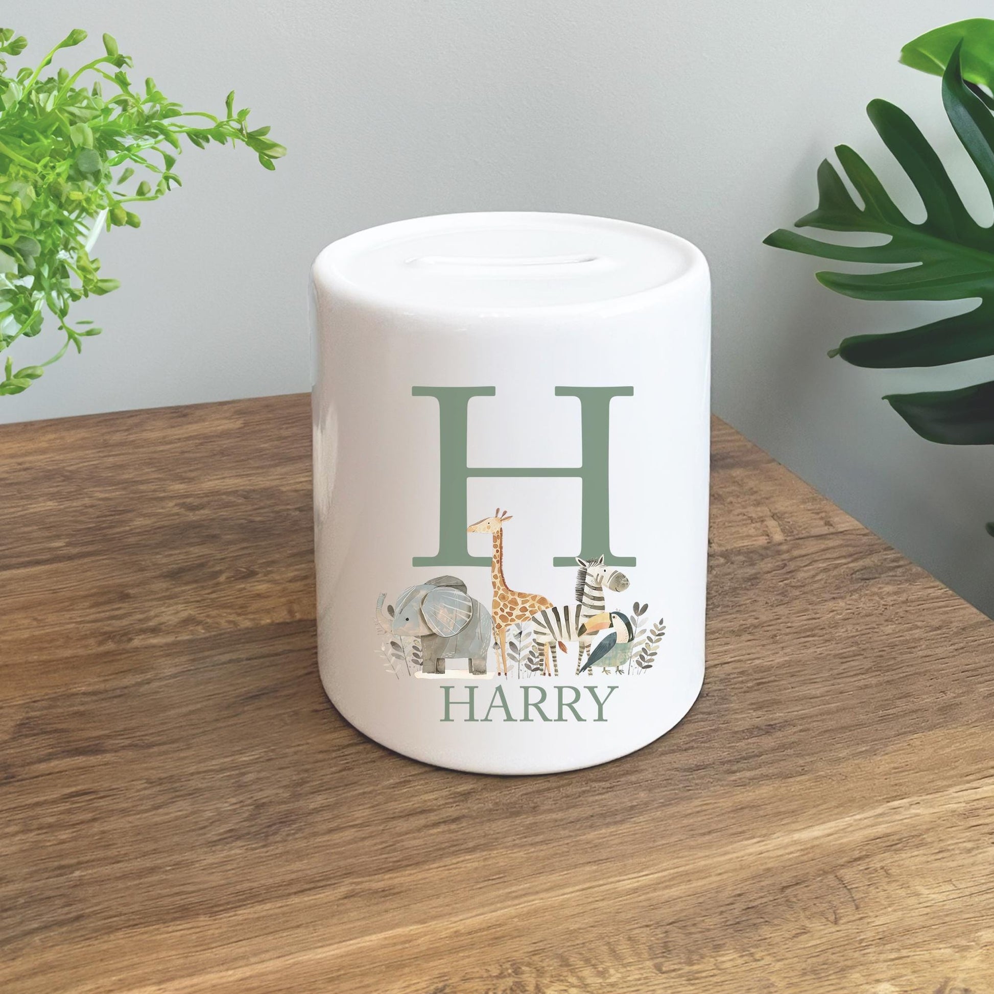 Personalised kids safari animal ceramic money box initial letter birthday occasional