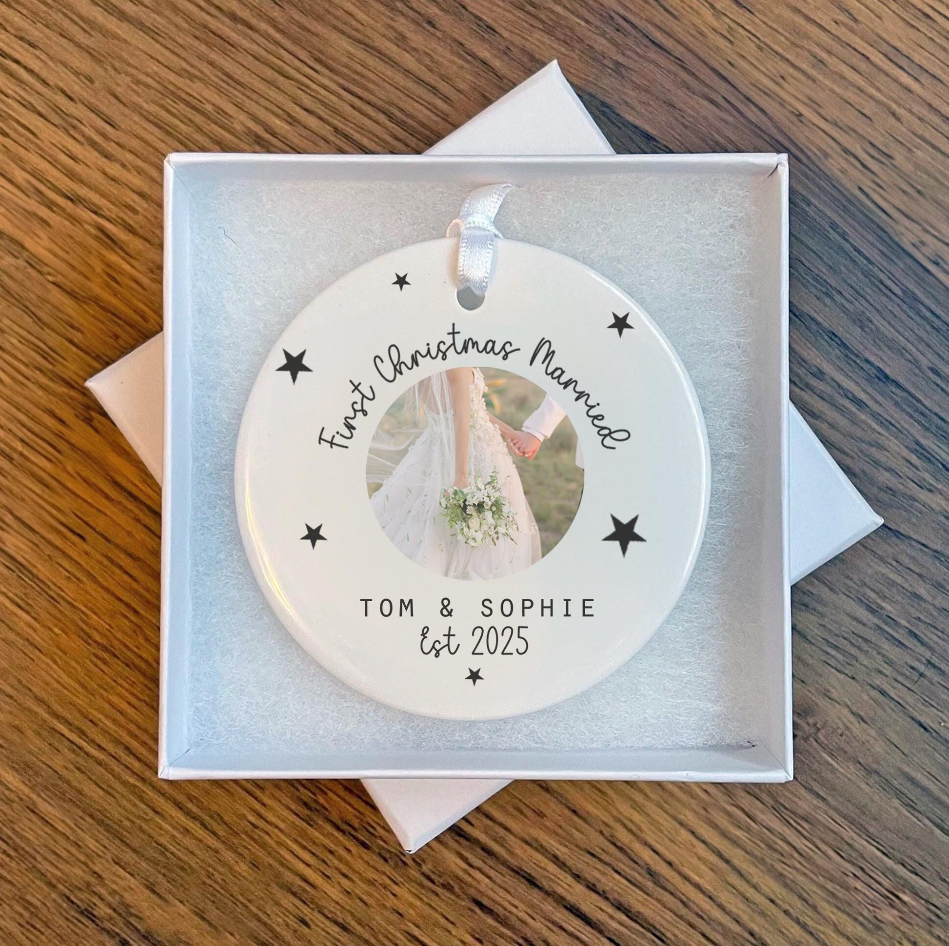 Personalised photo newly married couple Christmas tree decoration christmas eve box personalised santa sack first christmas gift