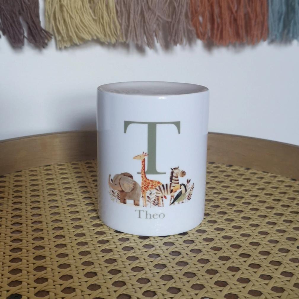 Personalised kids safari animal ceramic money box initial letter birthday occasional