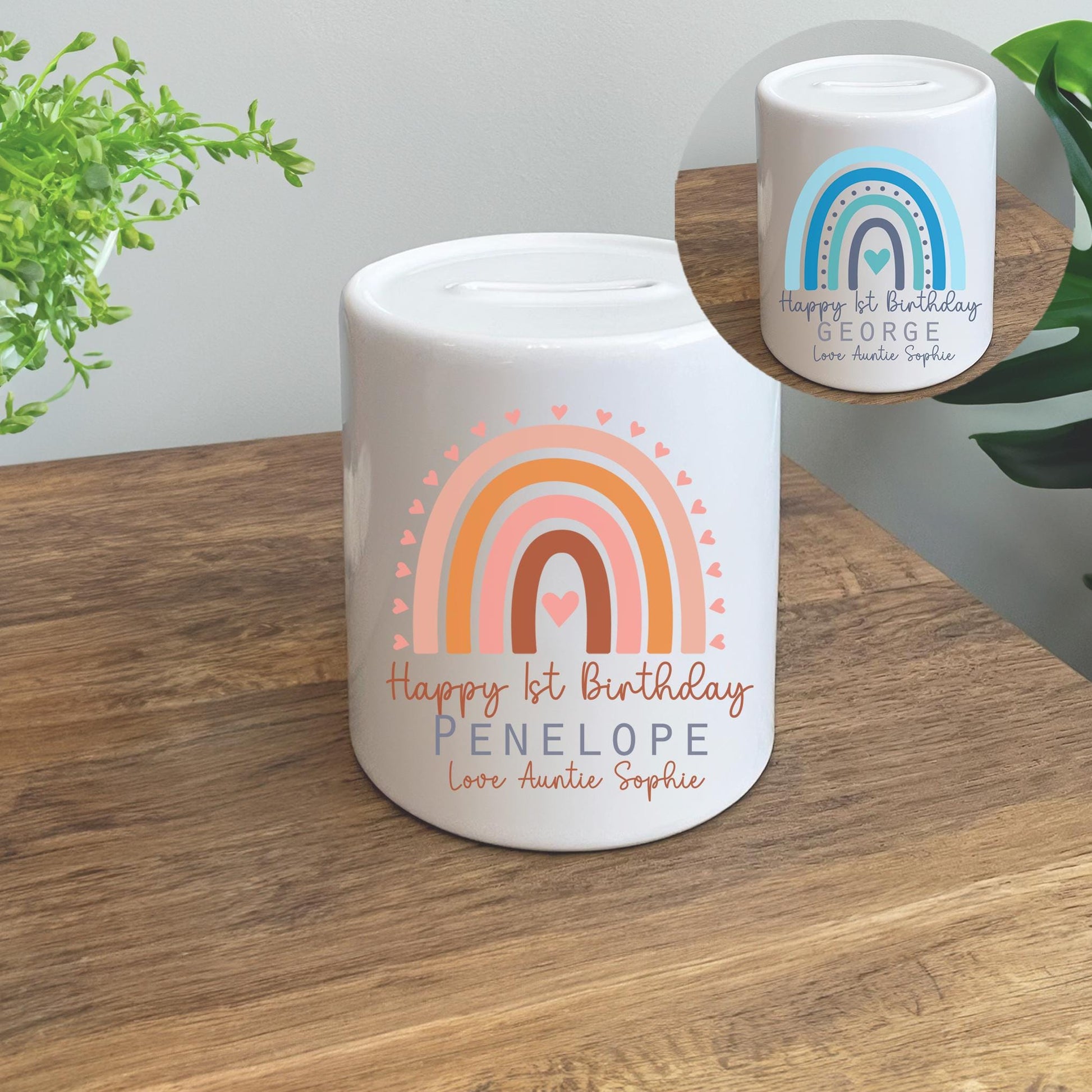 personalised first birthday rainbow money box, Pink money box, Bluerainbow money box, First birthday money box, 1st birthday money box