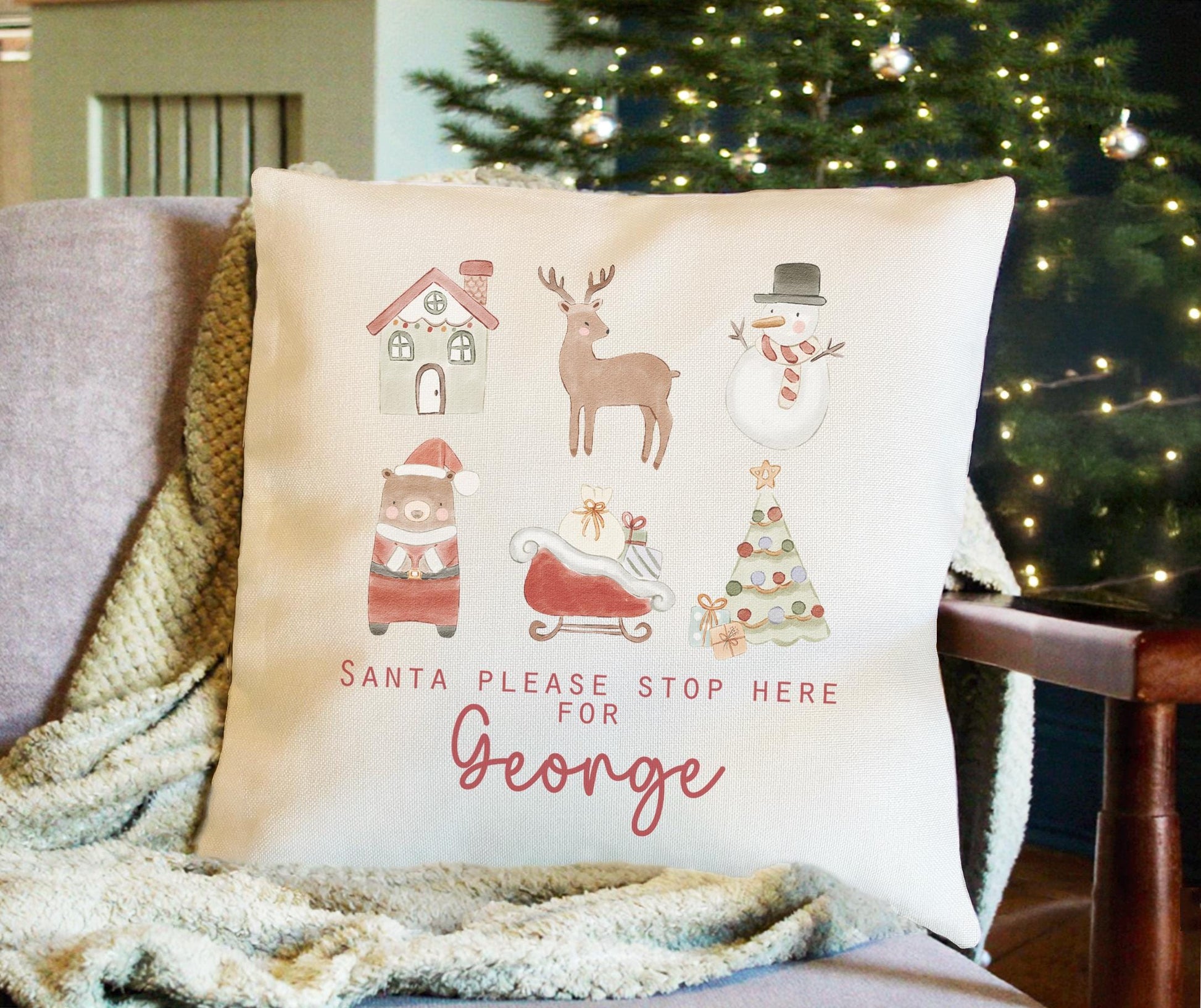 Personalised Santa please stop here Christmas cushion, christmas eve box, personalised santa sack, first christmas gift, xmas decor
