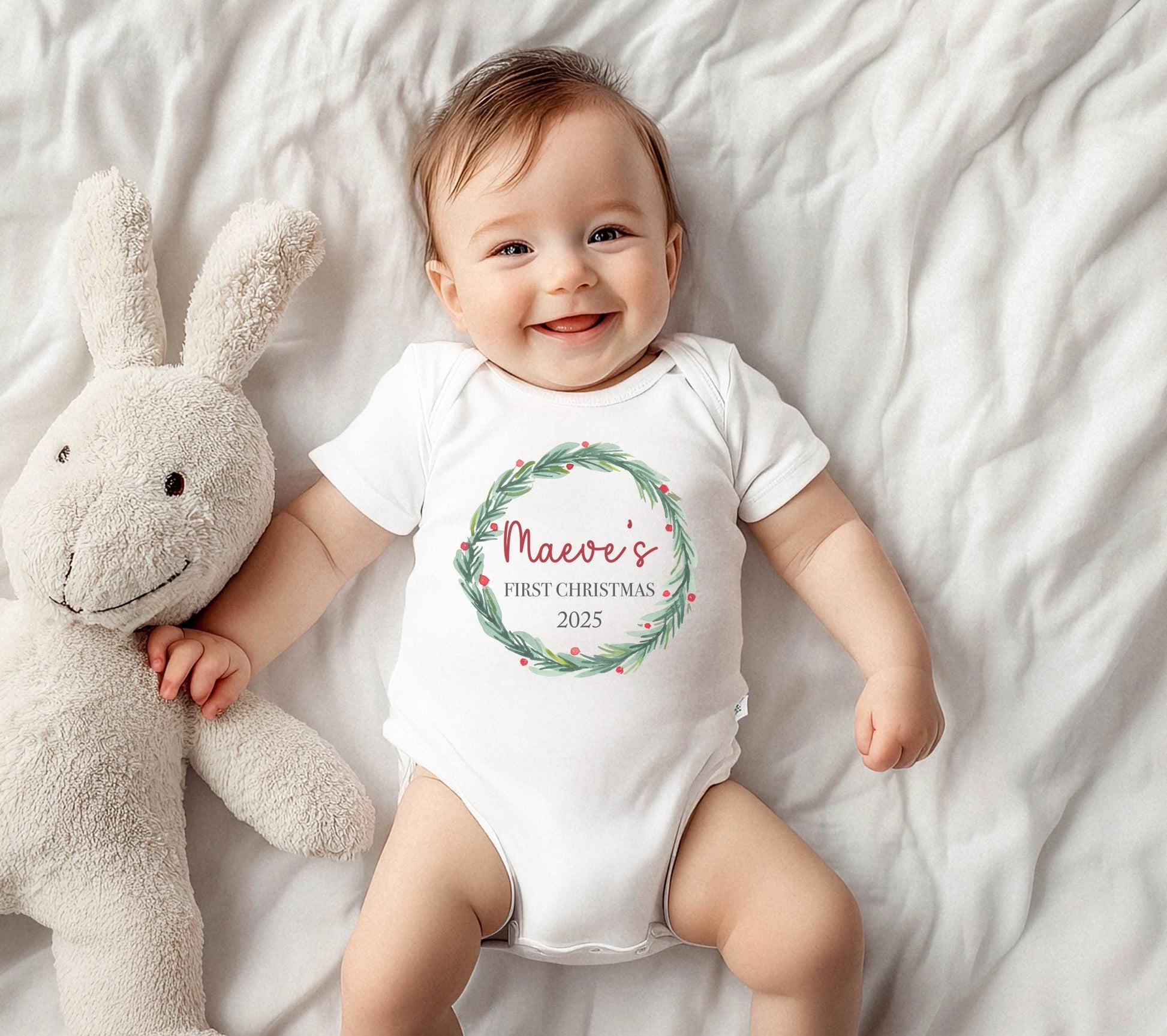 Personalised first christmas wreath outfit, First christmas sleepsuit, My first christmas vest, My 1st christmas outfit