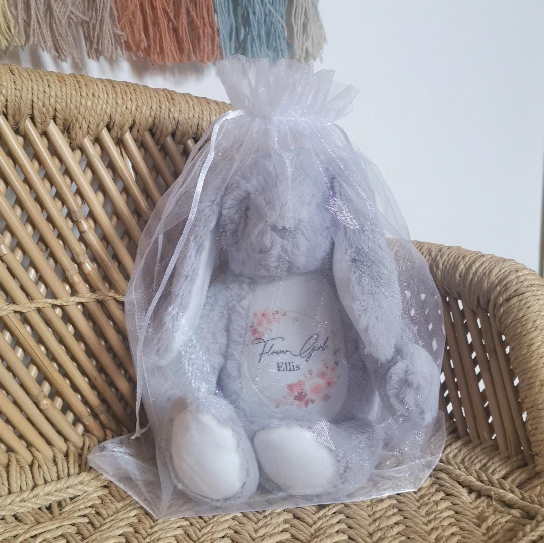 Personalised will you be my flower girl bridesmaid grey bunny teddy wedding favour