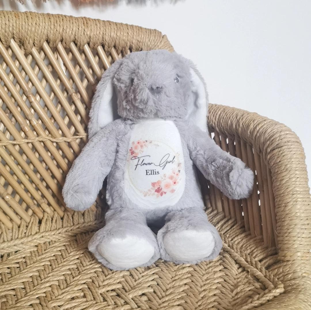 Personalised will you be my flower girl bridesmaid grey bunny teddy wedding favour