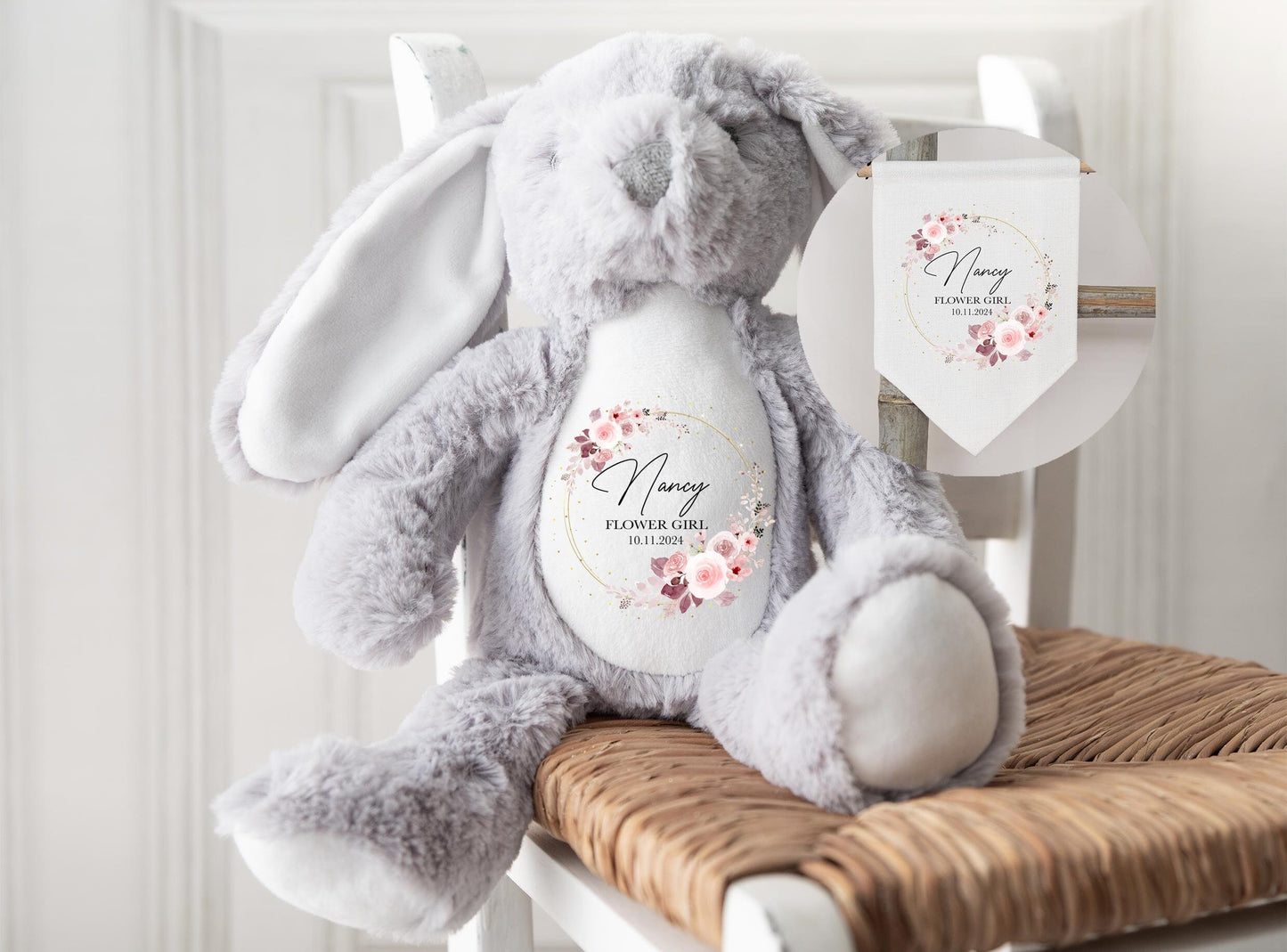 Personalised will you be my flower girl bridesmaid grey bunny teddy wedding favour
