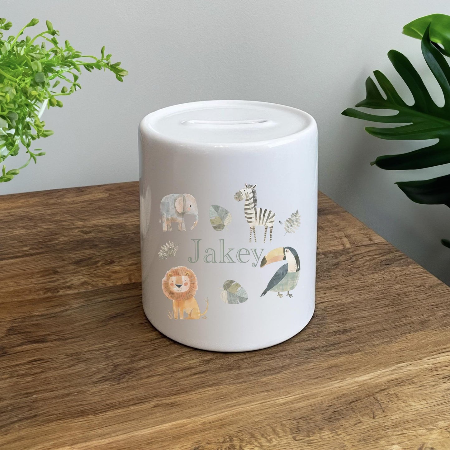 Personalised kids safari animal ceramic money box gift