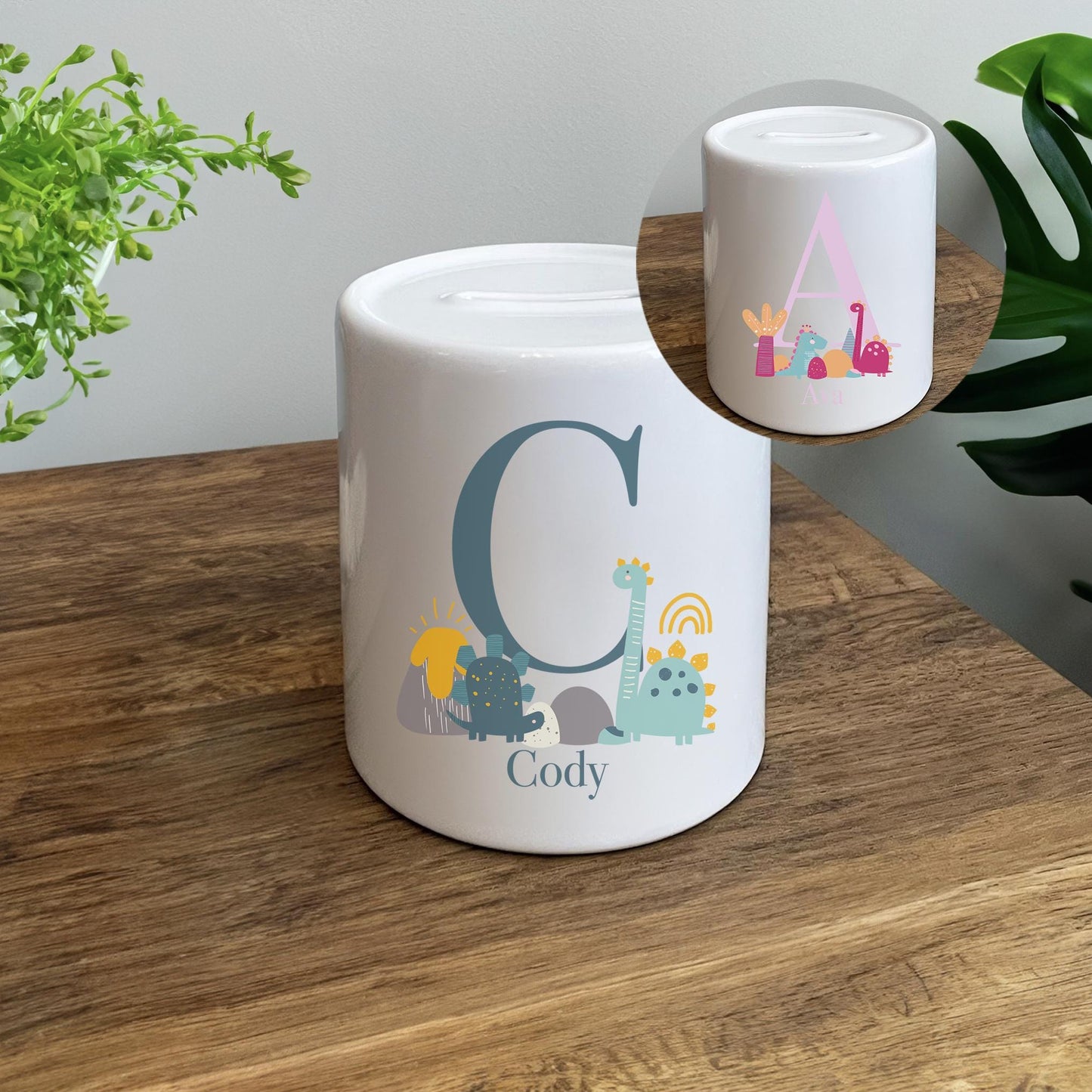 Personalised kids boy initial dinosaur ceramic piggy bank bedroom decor