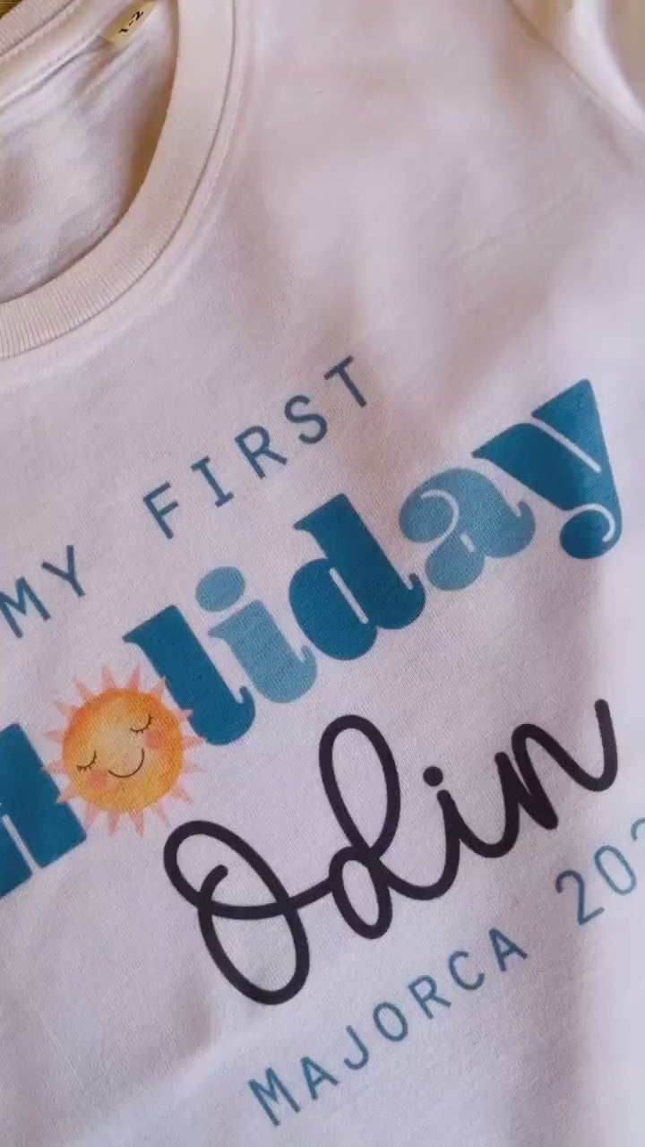 Personalised my first holiday kids t-shirt , My 1st holiday kids t-shirt , Personalised first holiday childrens clothes  Custom baby clothes