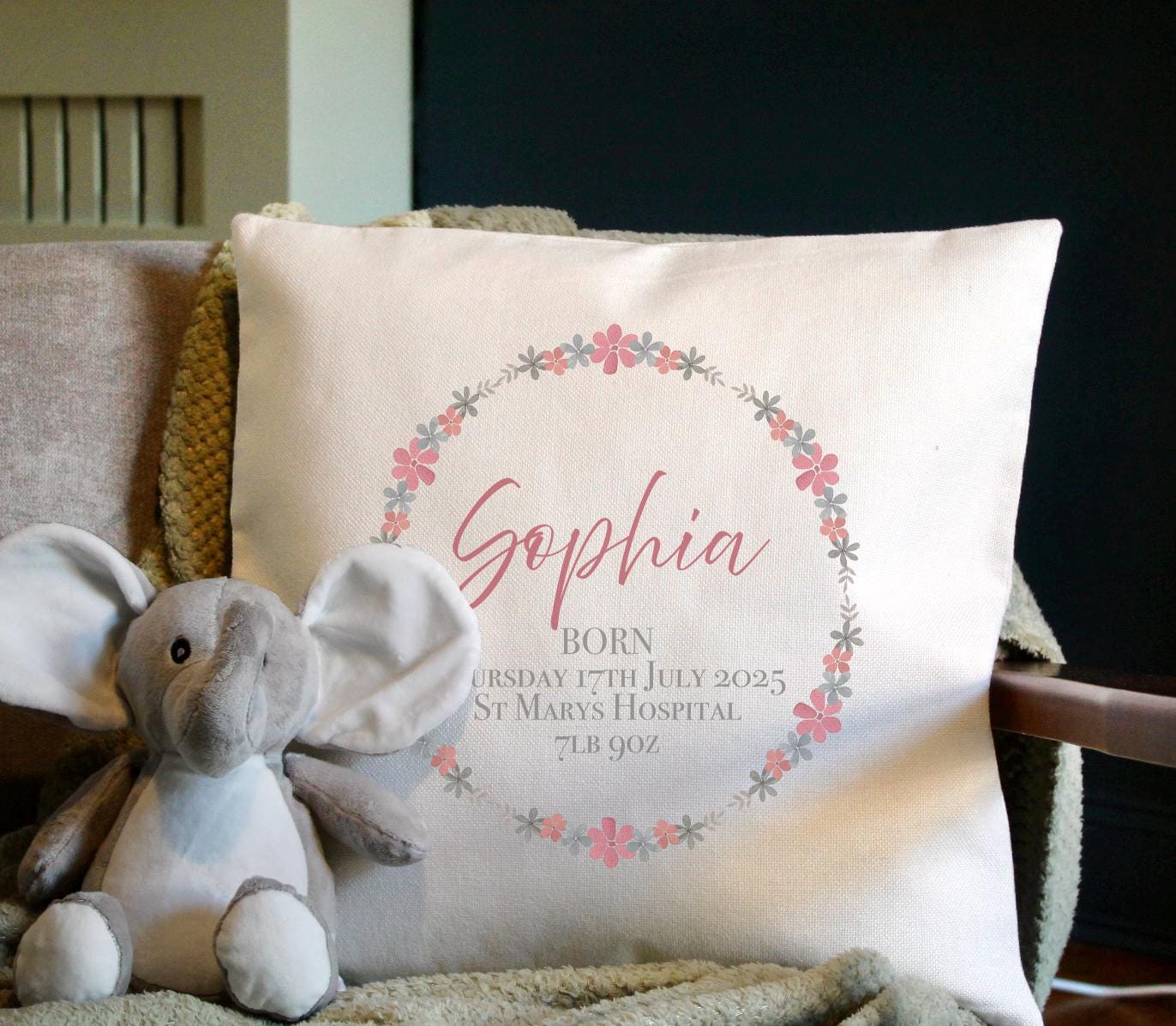 Personalised newborn baby floral wreath birth stat keepsake cushion gift, Personalised new arrival baby cushion gift