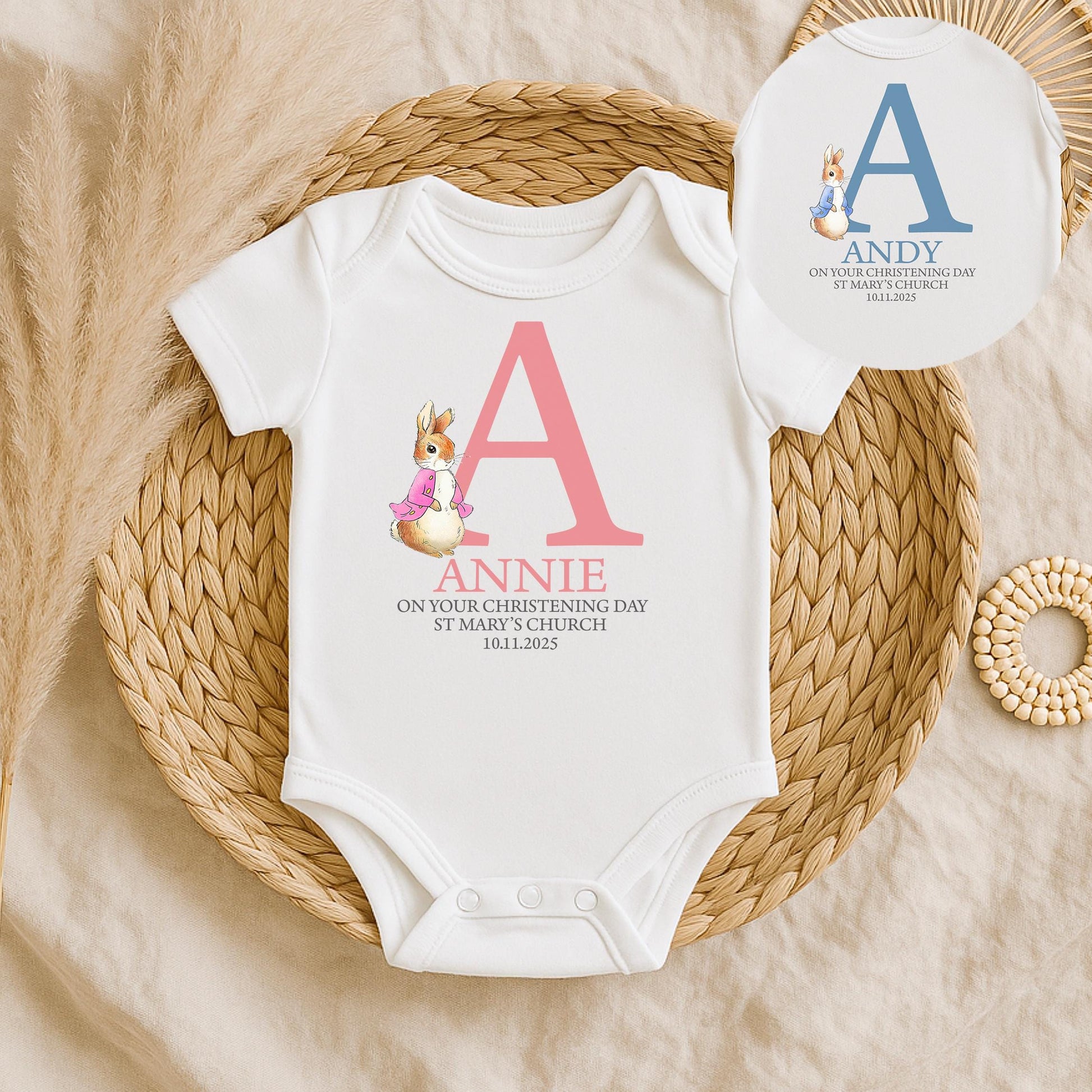 Personalised christening initial rabbit vest, Personalised baptism initial rabbit vest, Personalised naming ceremony baby vest