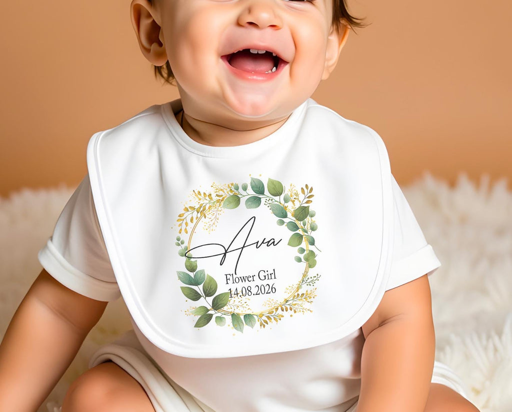 Personalised flower girl wreath bib , Personalised page boy wreath bib , Personalised dribble bib , Personalised flower girl wedding favour