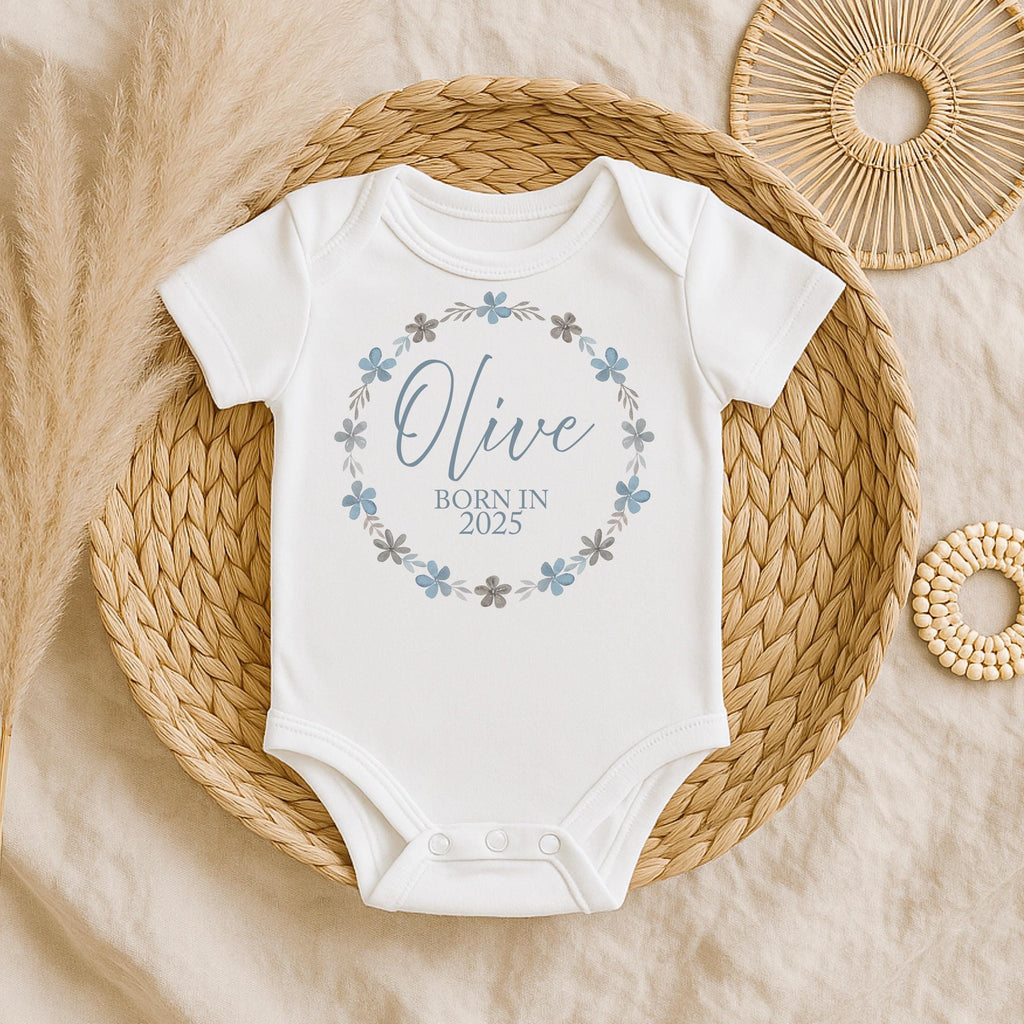 Personalised new born baby born in wreath baby vest, Personalised new arrival born in vest, Personalised baby Floral wreath design vest