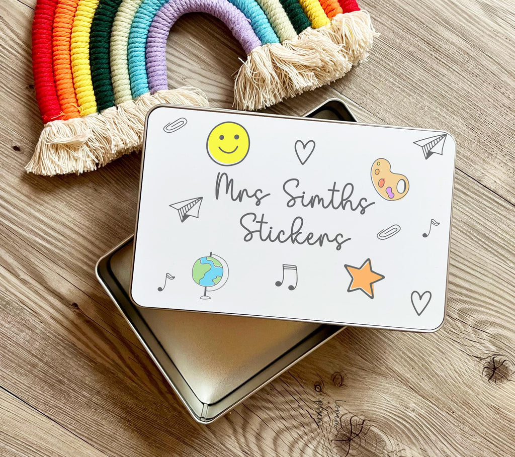 Personalised teacher sticker tin gift, Teacher appreciation sticker tin gift,  Teacher school sticker tin present gift