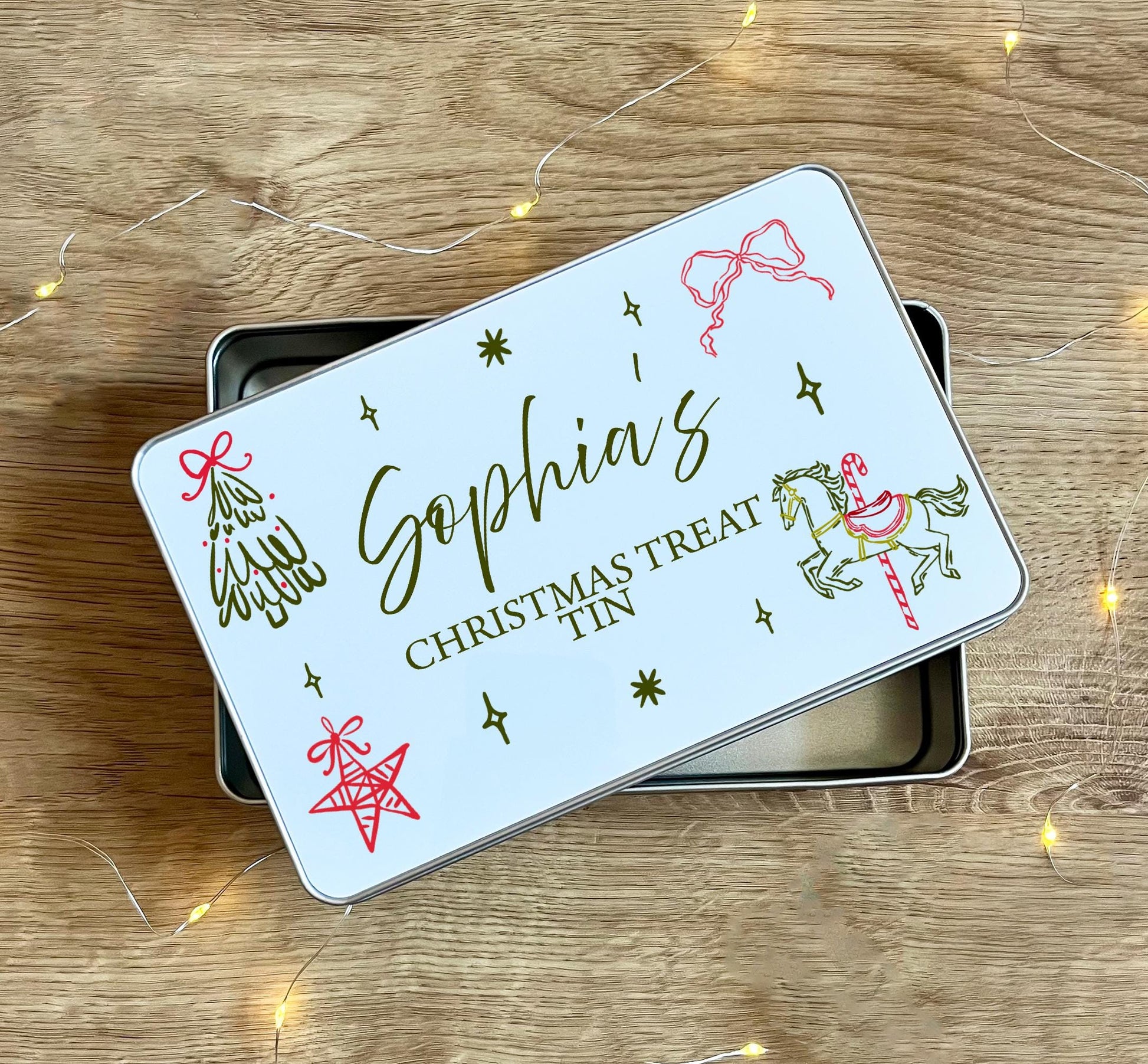 Personalised vintage christmas treat tin , Christmas eve box filler, Christmas treat gift , Christmas sack ,  Treats tin Personalised tin