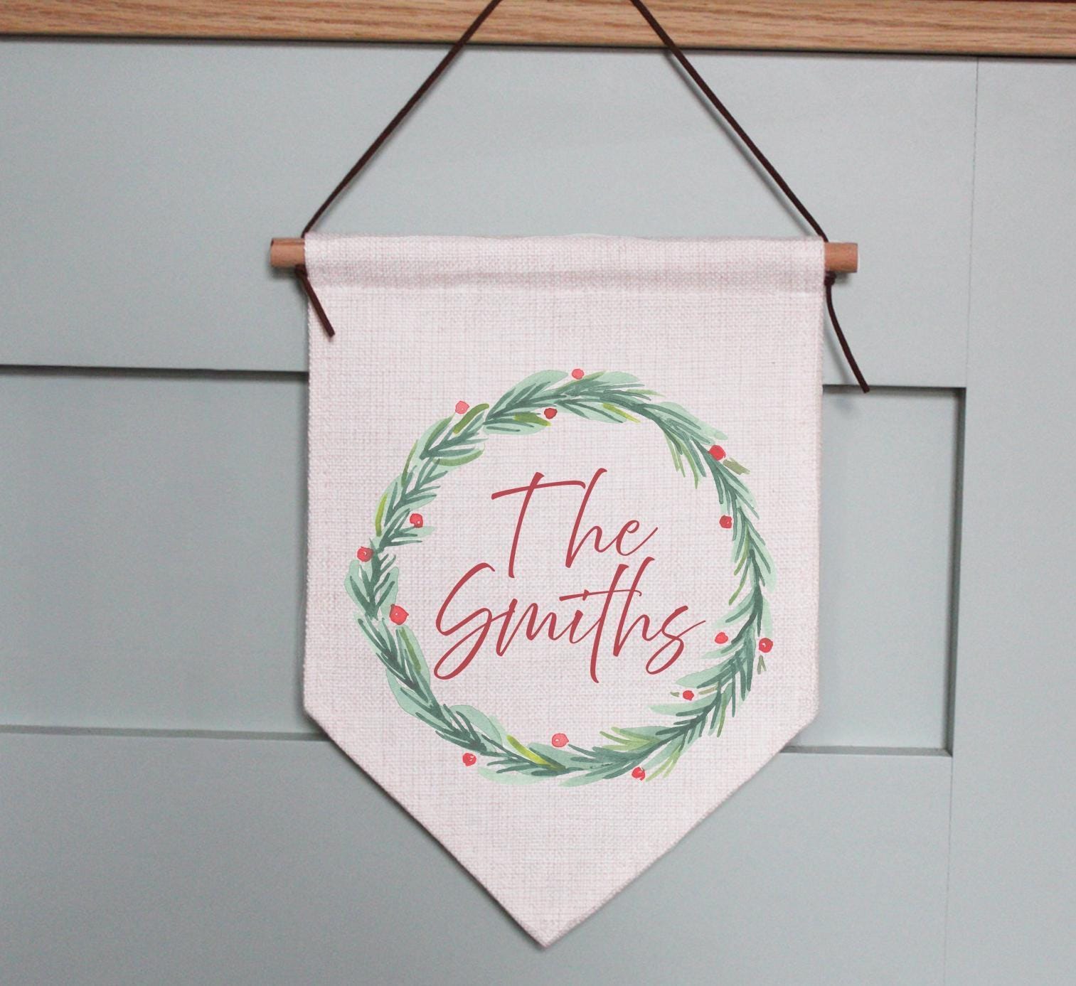 Personalised Christmas green holly wreath sign, christmas eve box, personalised santa sack,  christmas sign, xmas decor