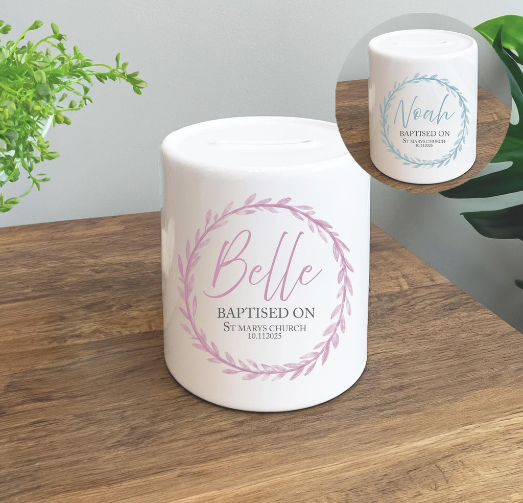 Personalised christening wreath piggy bank, Personalised baptism wreath piggy bank, Personalised naming ceremony piggy bank