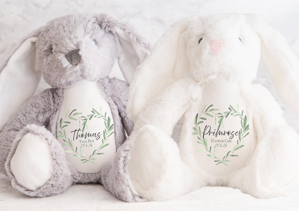 Personalised flower girl green heart wreath teddy gift, Personalised bridesmaid heart wreath teddy gift, Personalised wedding favour teddy
