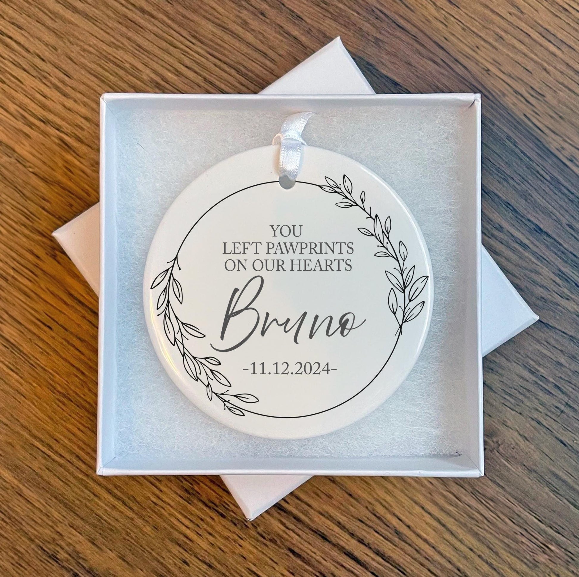 personalised you left pawprints on our hearts christmas bauble, Breavement pet christmas tree bauble, Pet dog christmas tree bauble