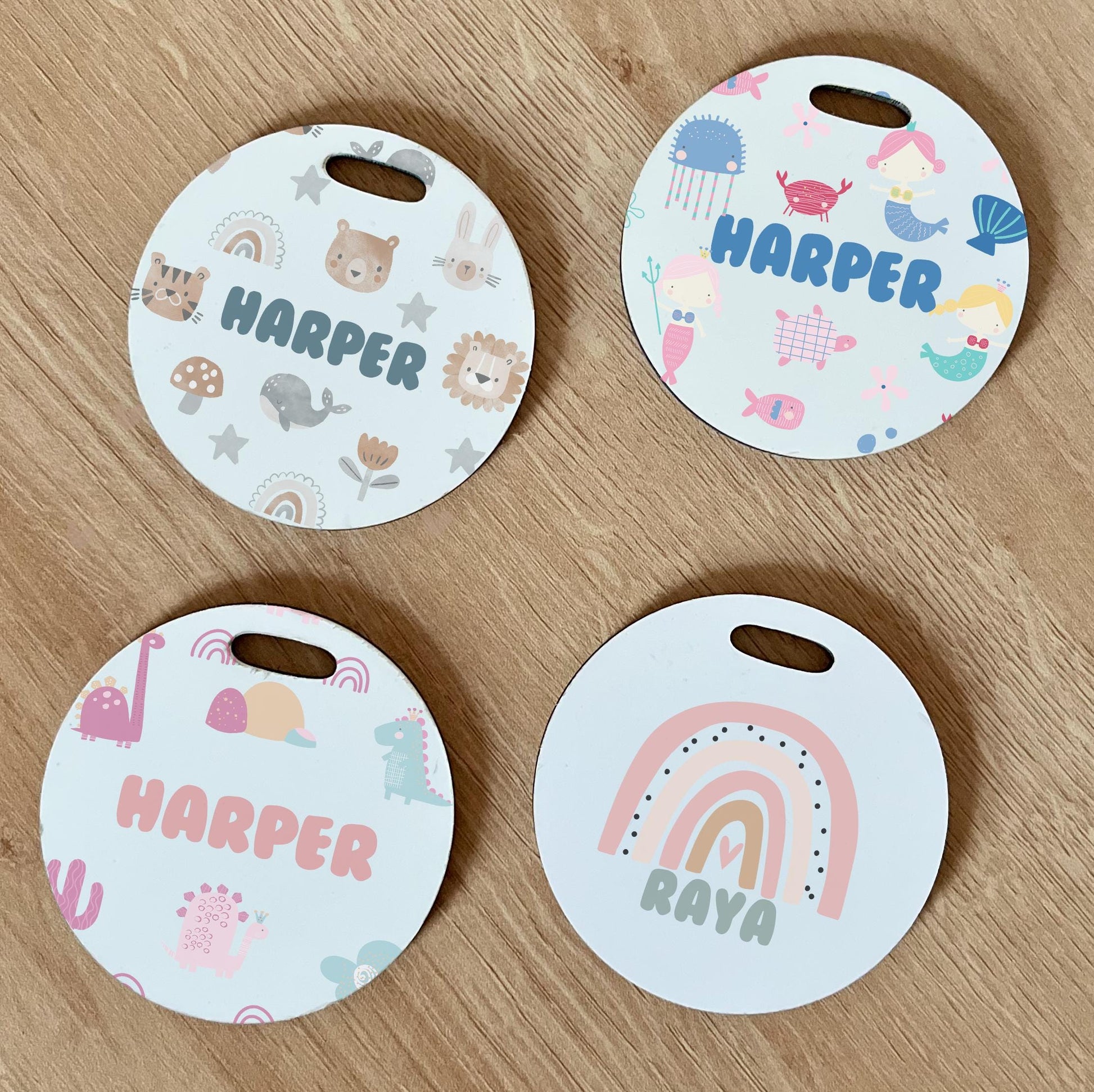 Personalised school bag name tag, Mermaid name tag, animal name tag, dinosaur name tag, rainbow name tag, PE Bag
