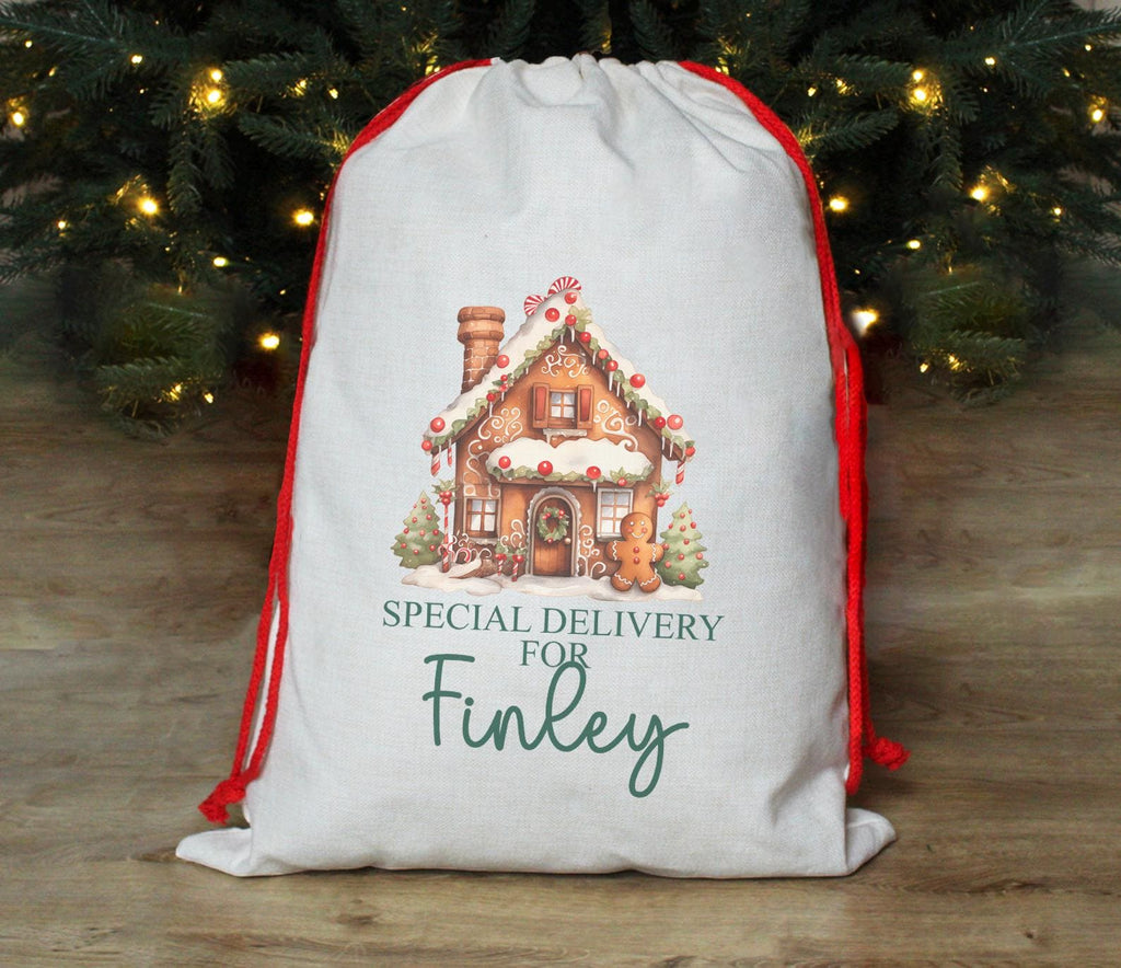 Personalised special delivery gingerbread man christmas sack, christmas eve box, personalised gingerbread house sack, first christmas gift