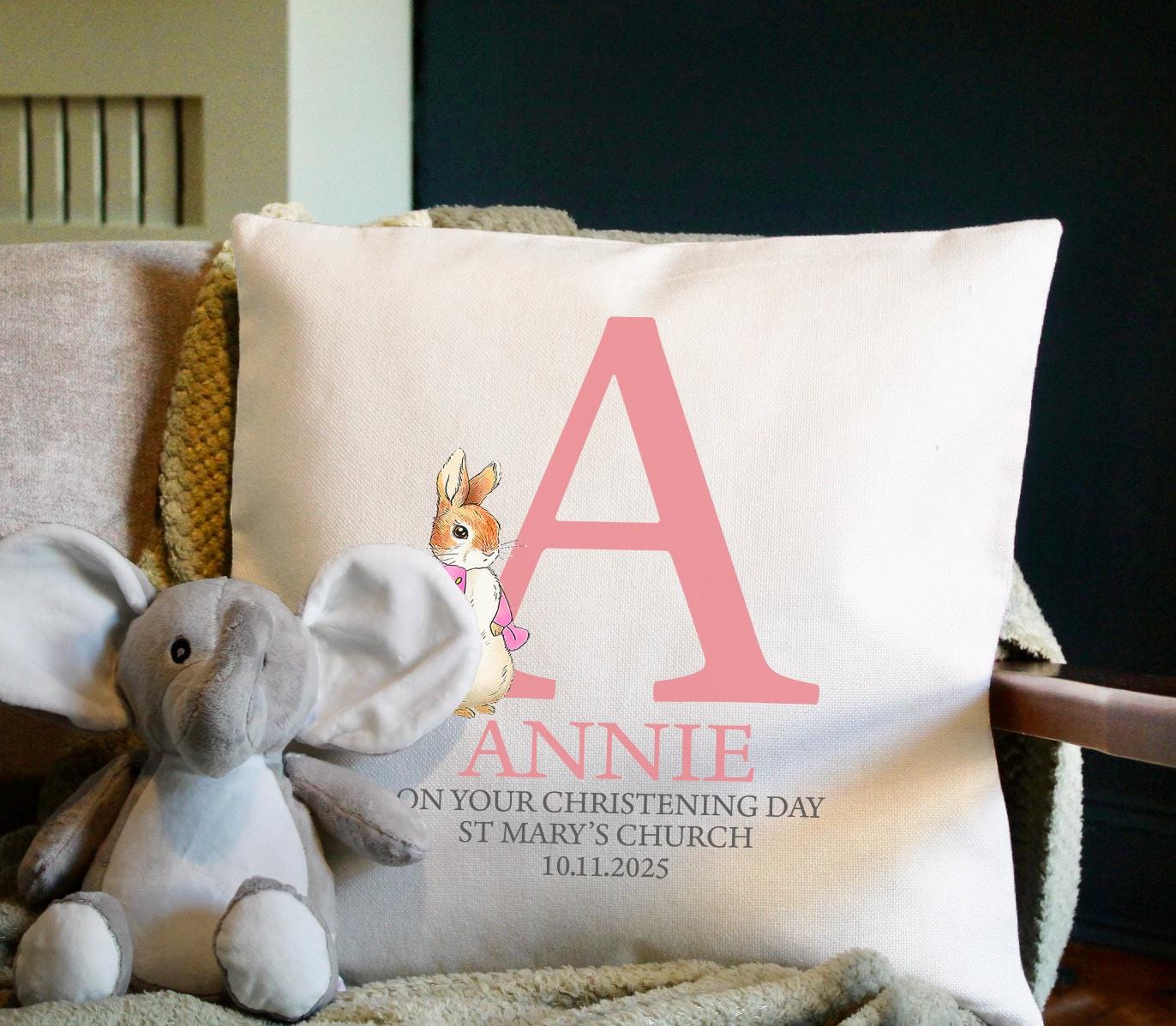 Personalised blue rabbit boy christening gift cushion, Personalised pink rabbit girl baptism cushion gift, Personalised naming ceremony