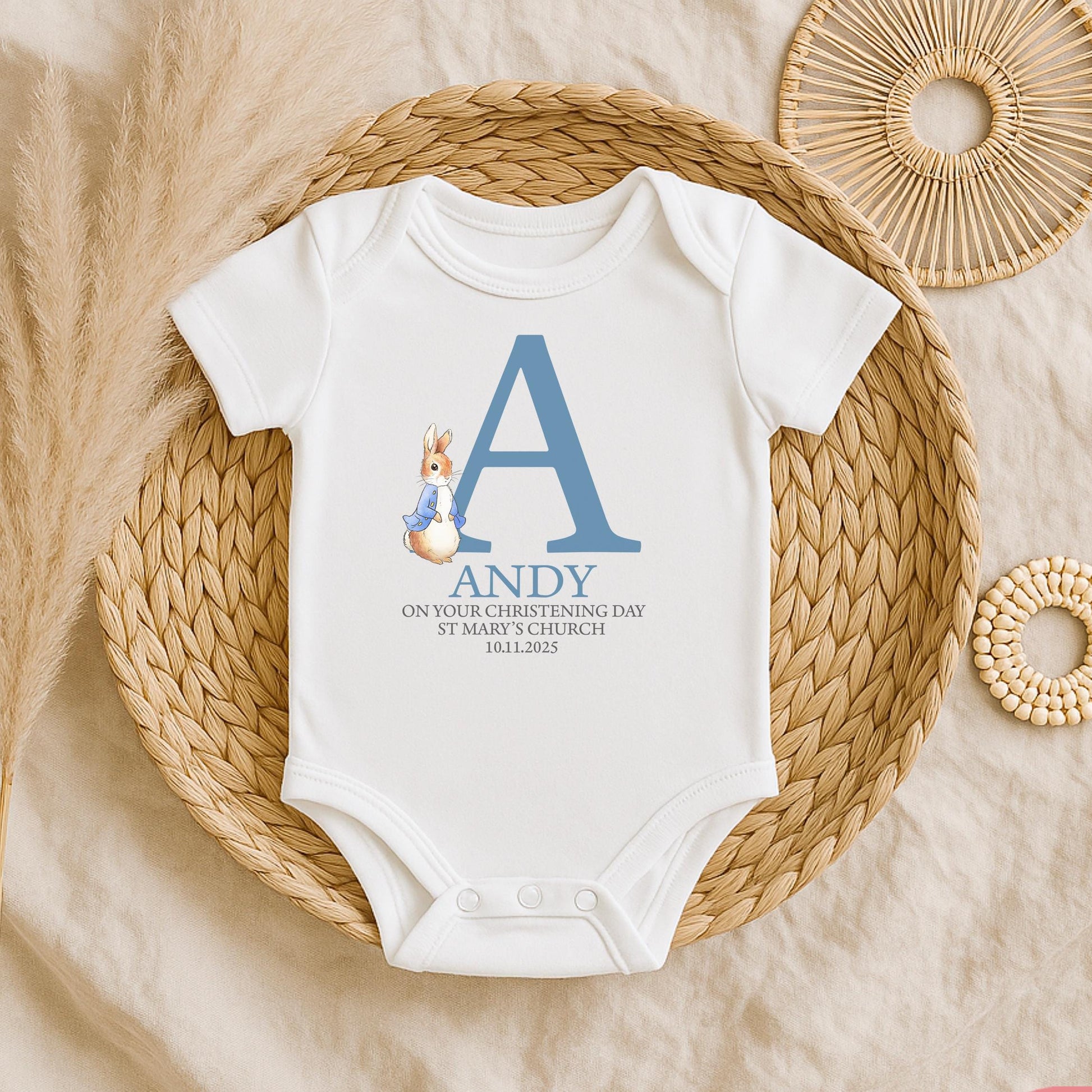 Personalised christening initial rabbit vest, Personalised baptism initial rabbit vest, Personalised naming ceremony baby vest