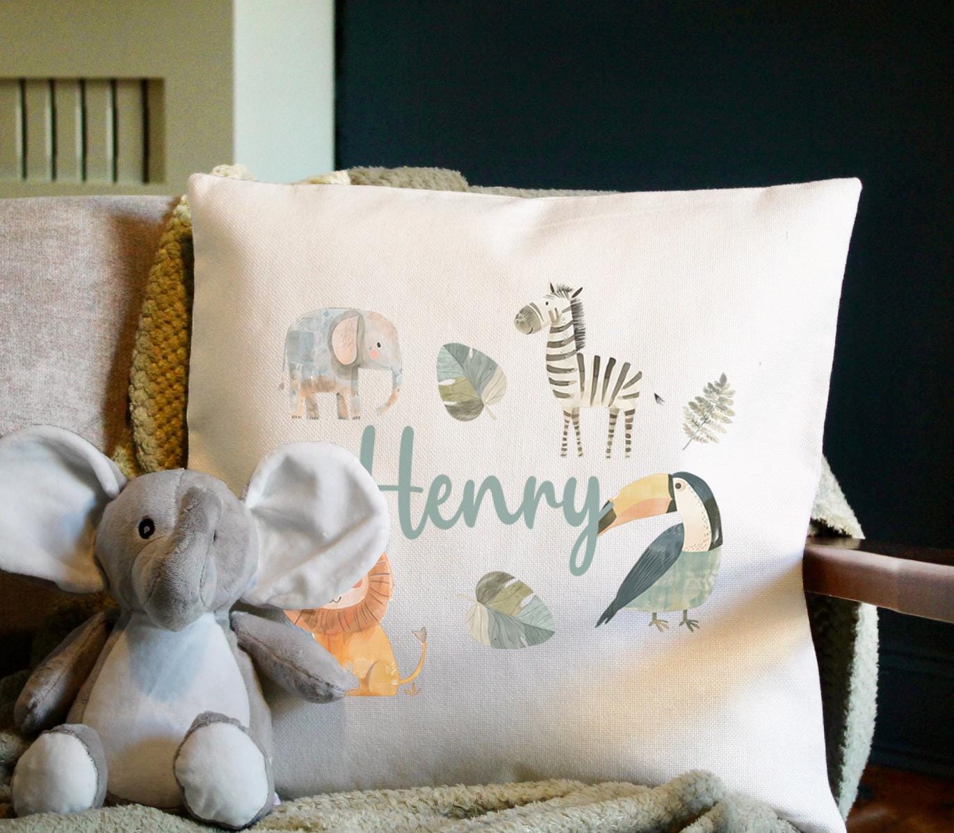 Personalised safari animal cushion gift bedroom decor, Animal jungle cushion kids bedroom, personalised childrens gift