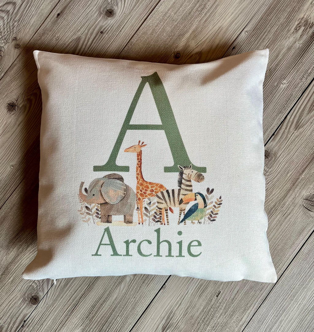 Personalised safari animal initial childrens bedroom cushion gift, Personalised jungle themed cushion