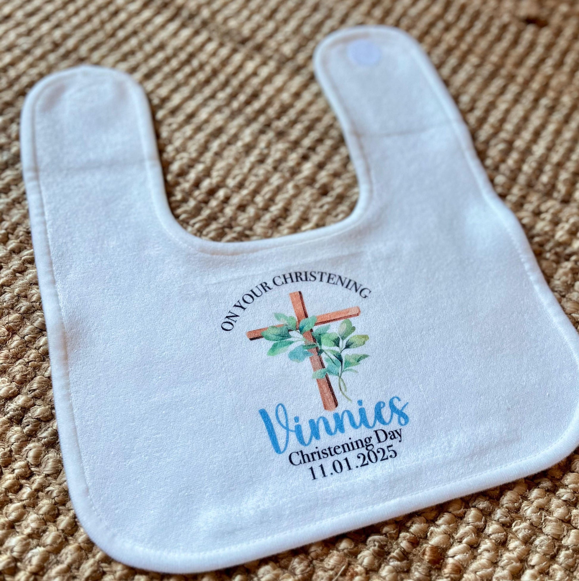 personalised baby christening bib, baptism feeding bib, baby bib