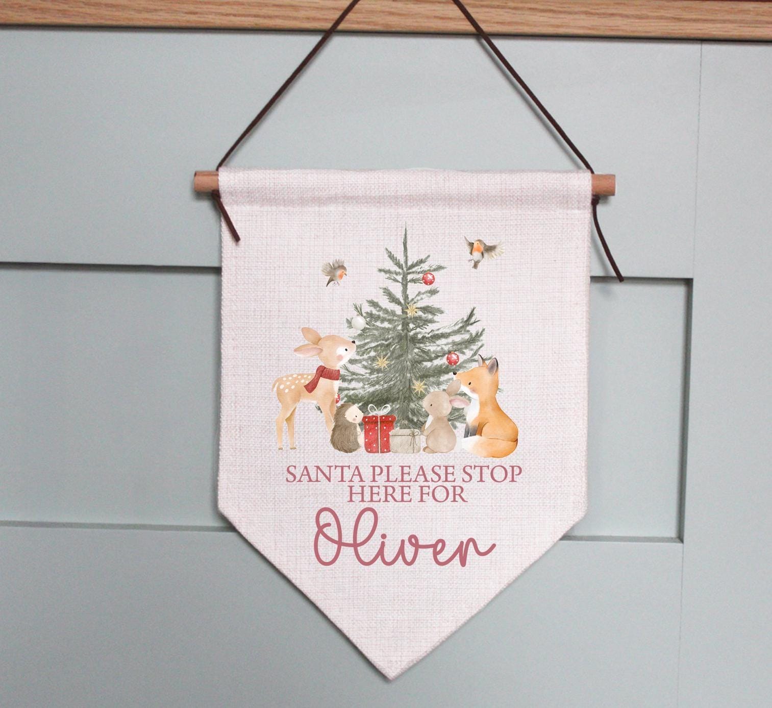 Personalised santa please stop here woodland animal sign, christmas eve box, personalised santa sack, first christmas gift, stop here sign