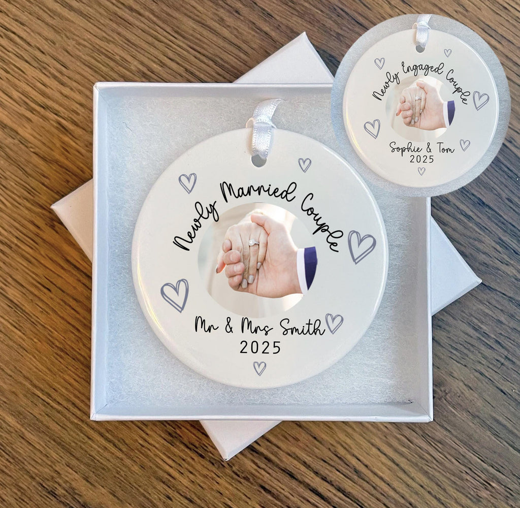 Personalised newly engaged couple ceramic photo ornament, Newly married couple gift, Newly engaged couple keepsake gift