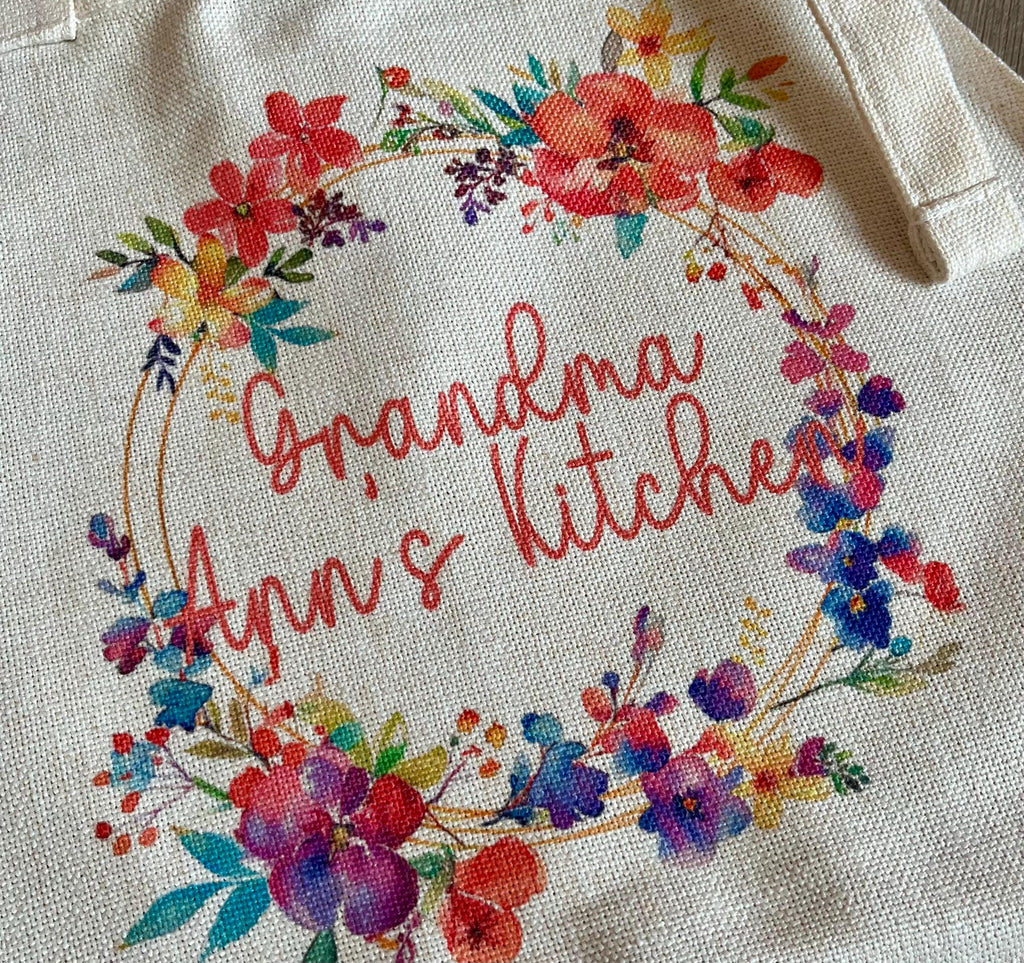 Personalised nanny flower apron gift grandkids grandmother custom present pinny, Grandmas baking apron, Nannys cooking apron